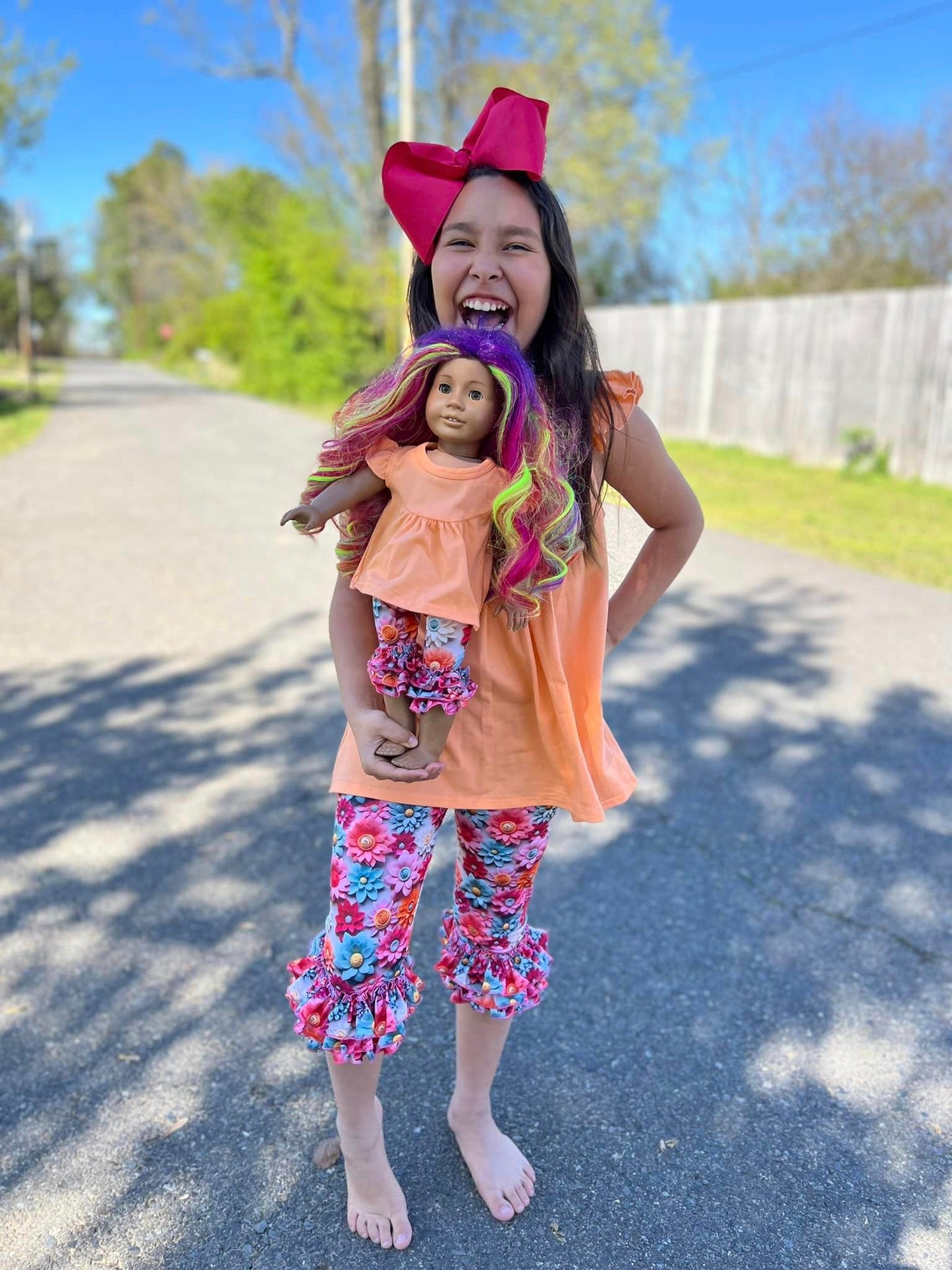DOLL creamsicle pearl and 3D spring floral triple bell capris set