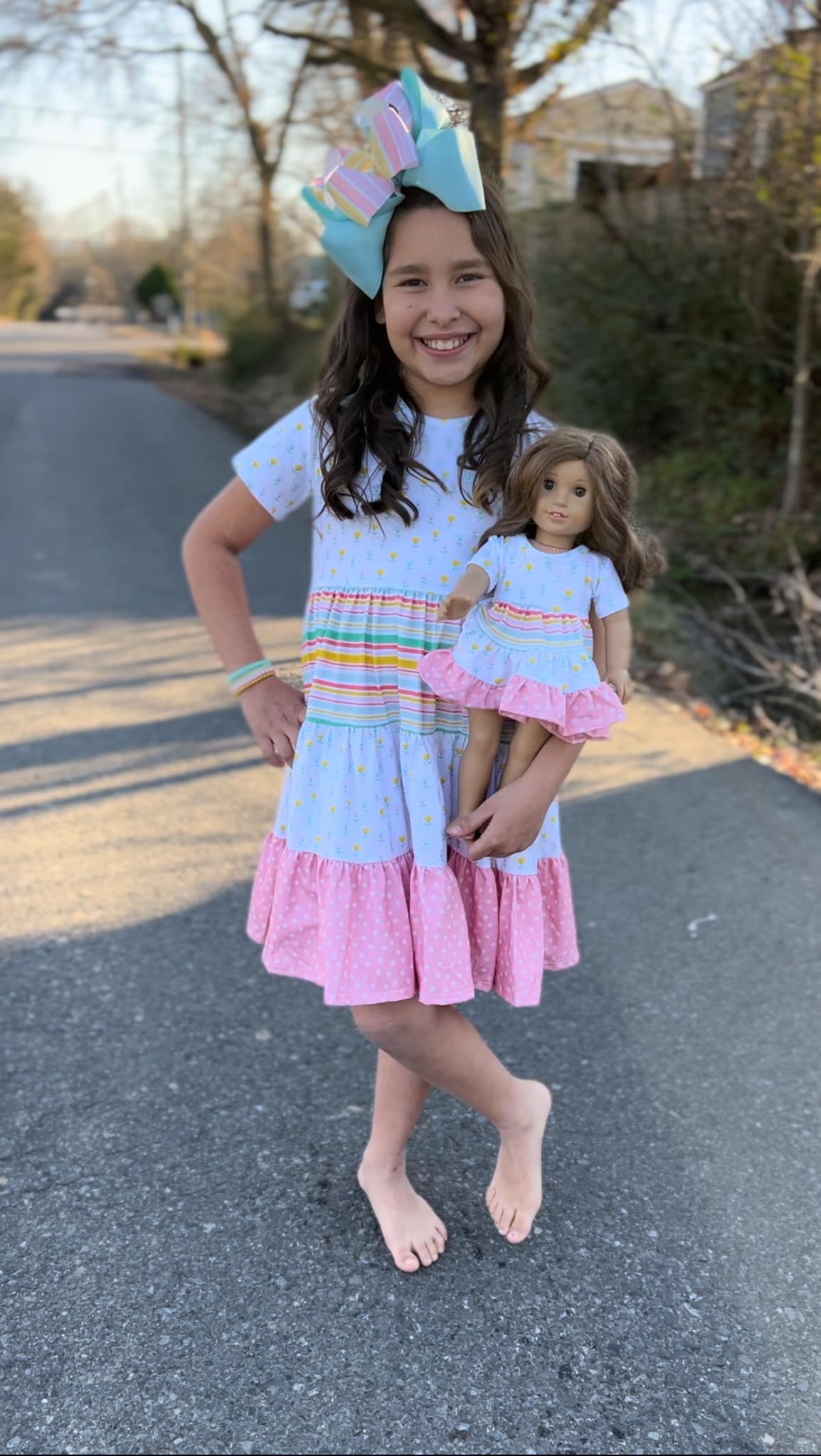 DOLL floral stripe polka dot Bella twirl dress and pink polka dot button shorts set