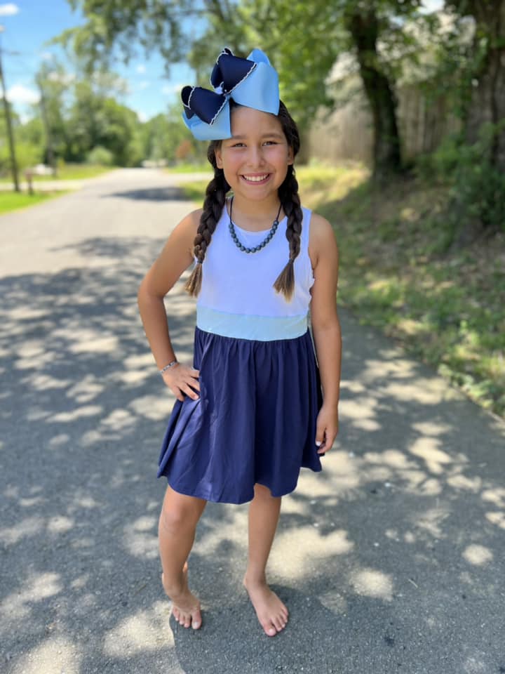 blue tri colored crossback dress