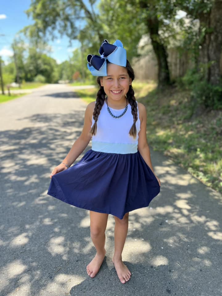 blue tri colored crossback dress