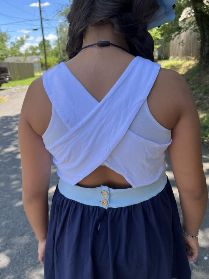 blue tri colored crossback dress