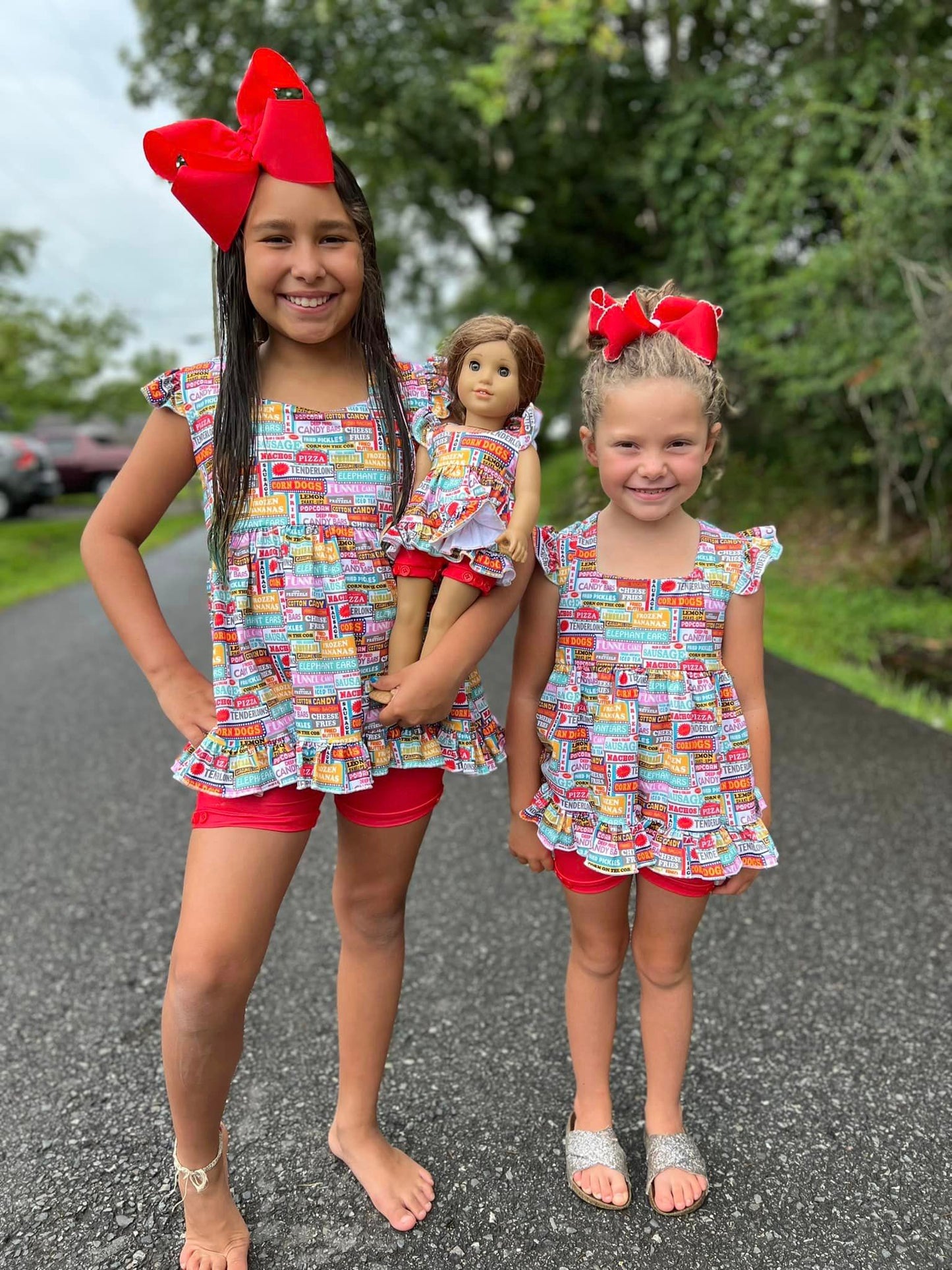 DOLL carnival food signs Lexi top and candy apple red button shorts set