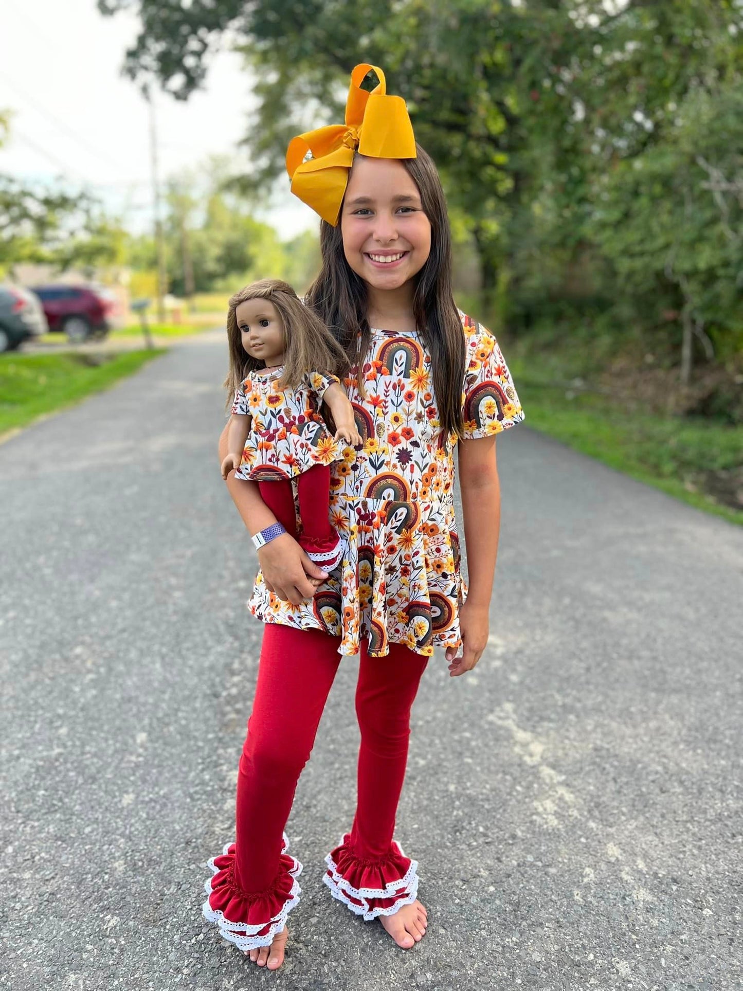 DOLL autumn breeze twirl top and maroon triple bells with lace set