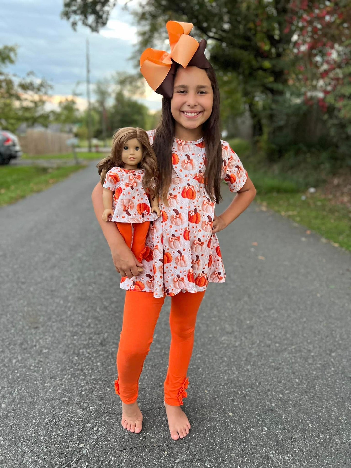 DOLL crochet pumpkin Allie top and orange ruffle button leggings set