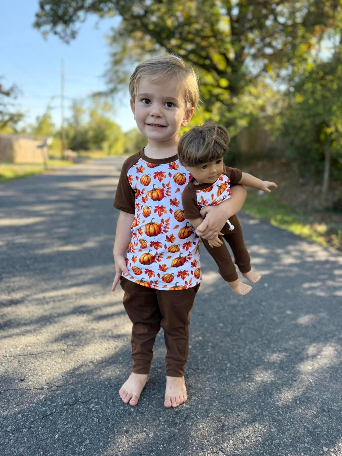 DOLL brown fall pumpkin raglan and brown joggers set