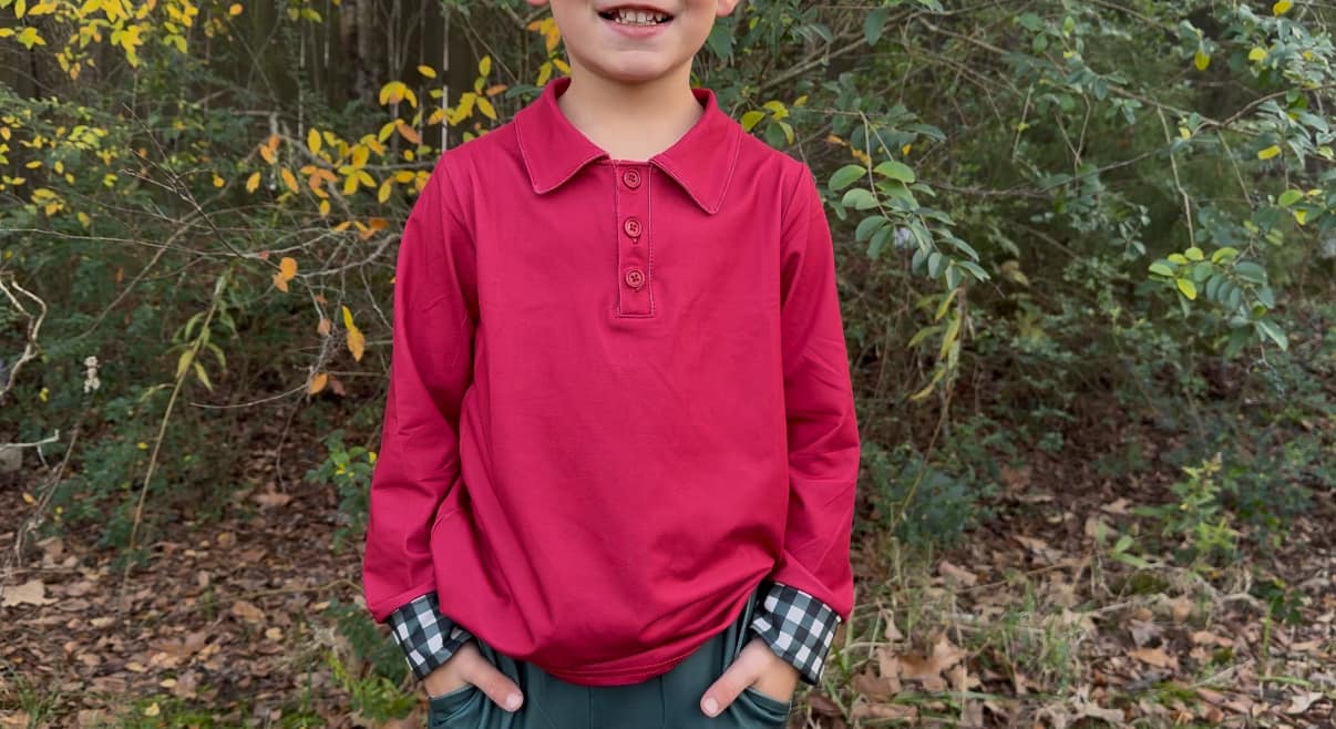 printed red LS collared tee with plaid cuffs