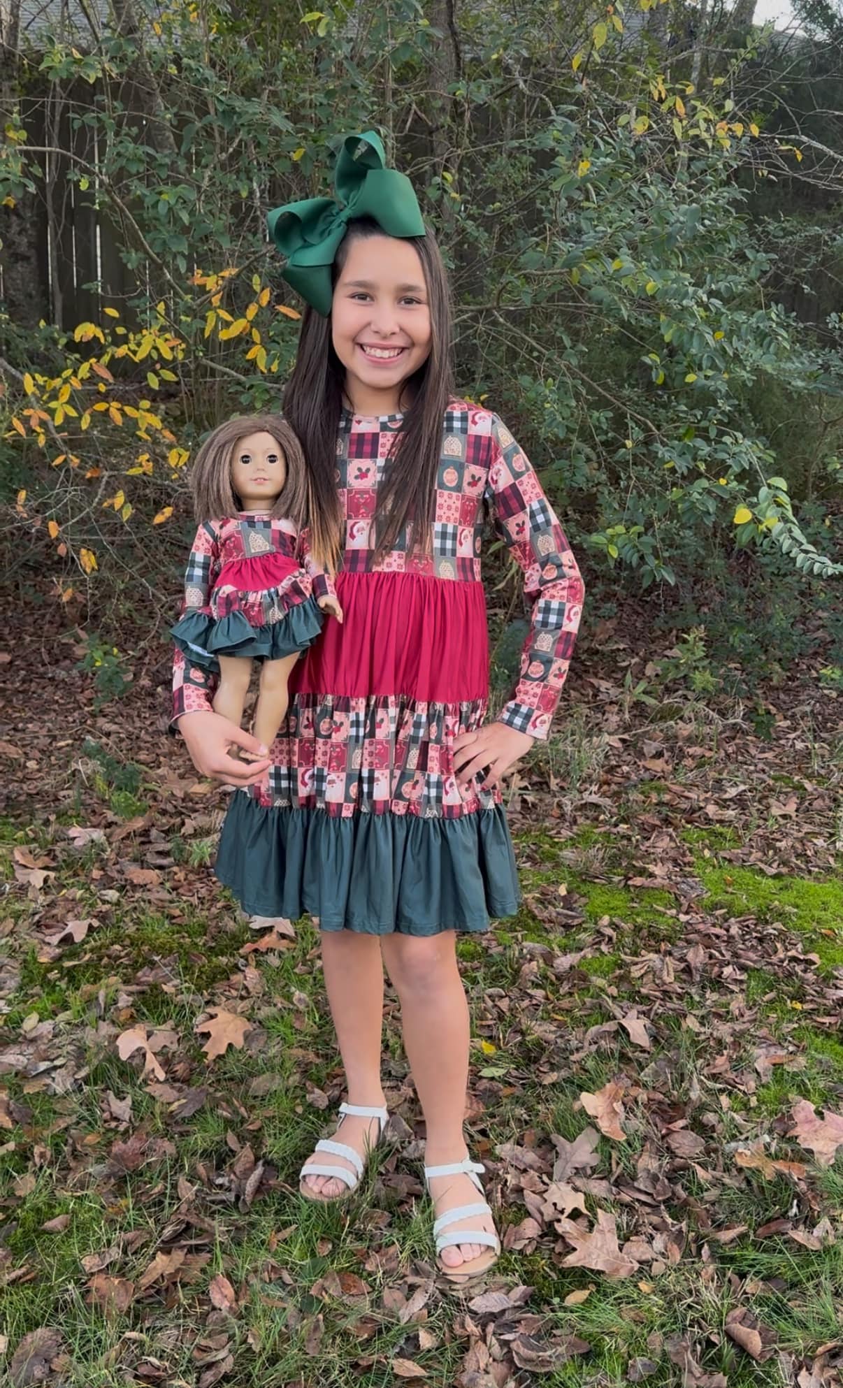 DOLL LS Christmas patchwork Bella twirl dress And ruffle button leggings set