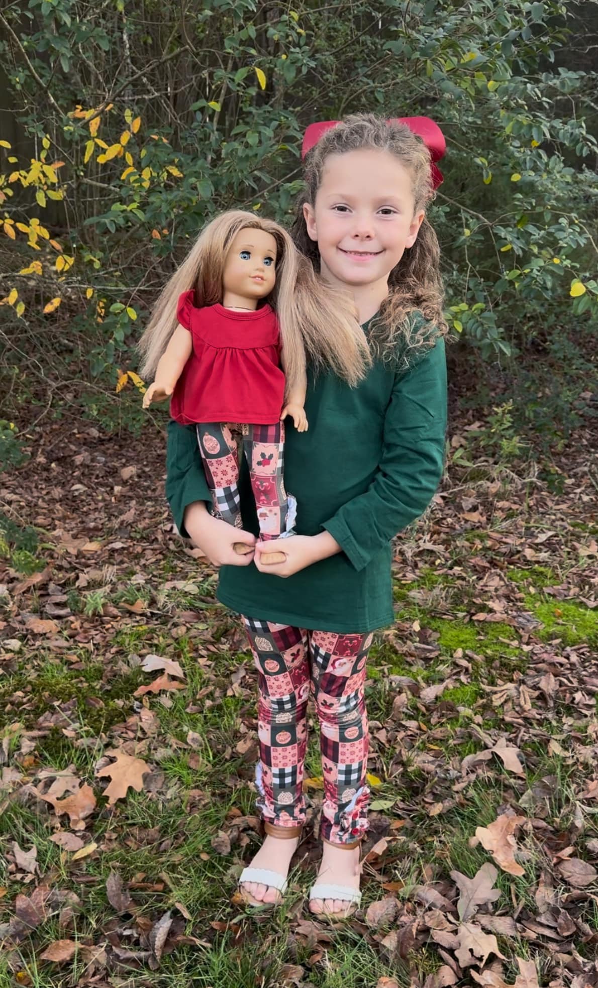 DOLL LS Christmas patchwork Bella twirl dress And ruffle button leggings set