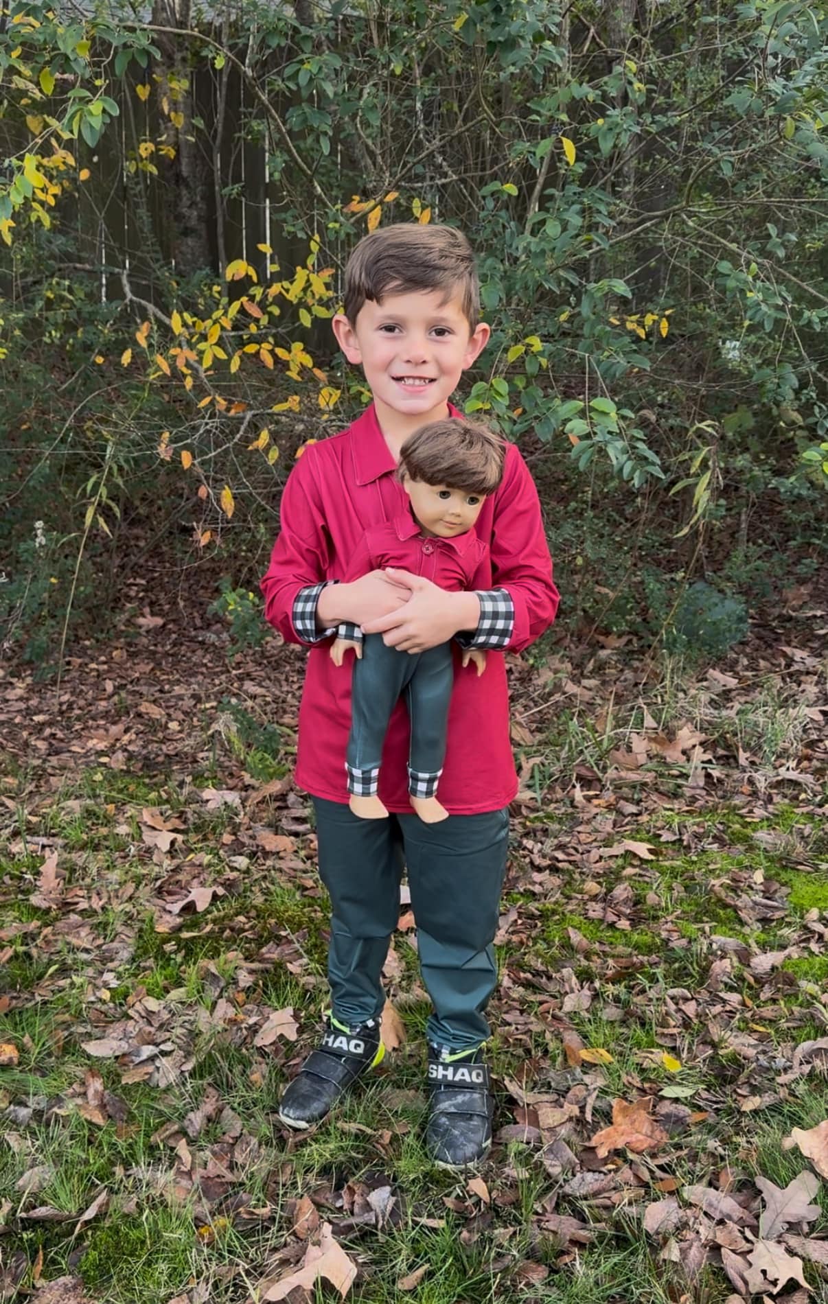 DOLL printed red LS collared tee with plaid cuffs and printed green joggers with plaid cuffs set