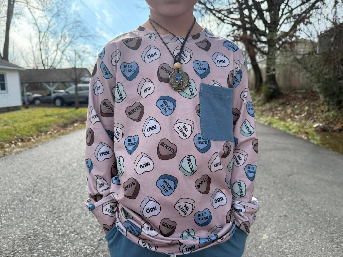 country boy conversation hearts pocket tee