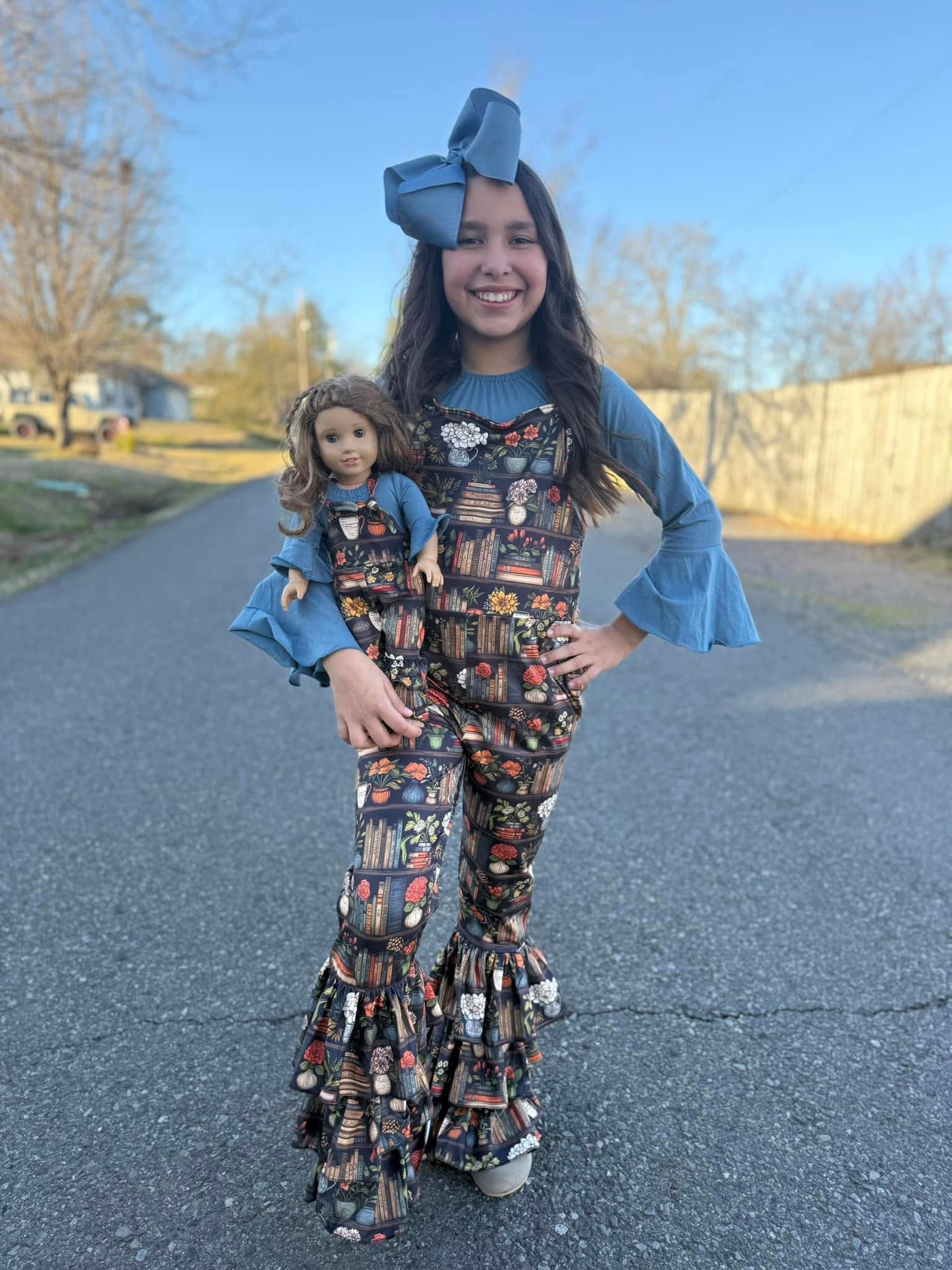 DOLL steele blue bell sleeve Leo and floral bookshelf triple bell romper set