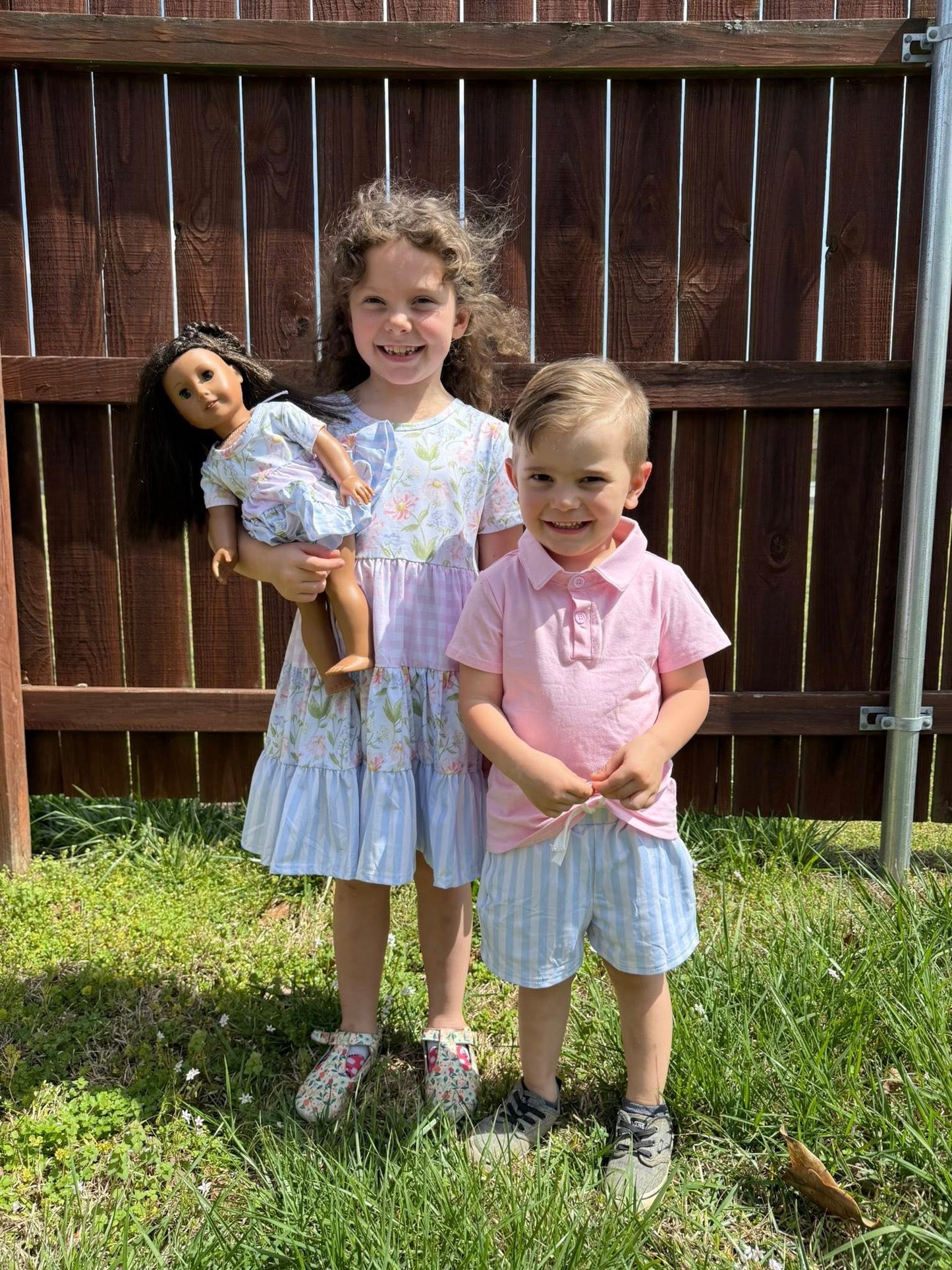 2025 easter floral, pink plaid and blue stripe bella twirl dress