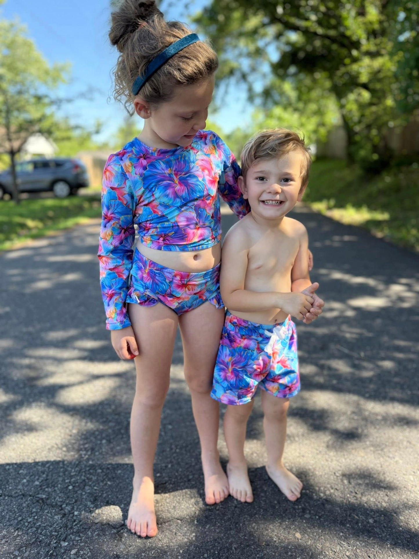 neon floral swim shorts (lined)(kids and adults