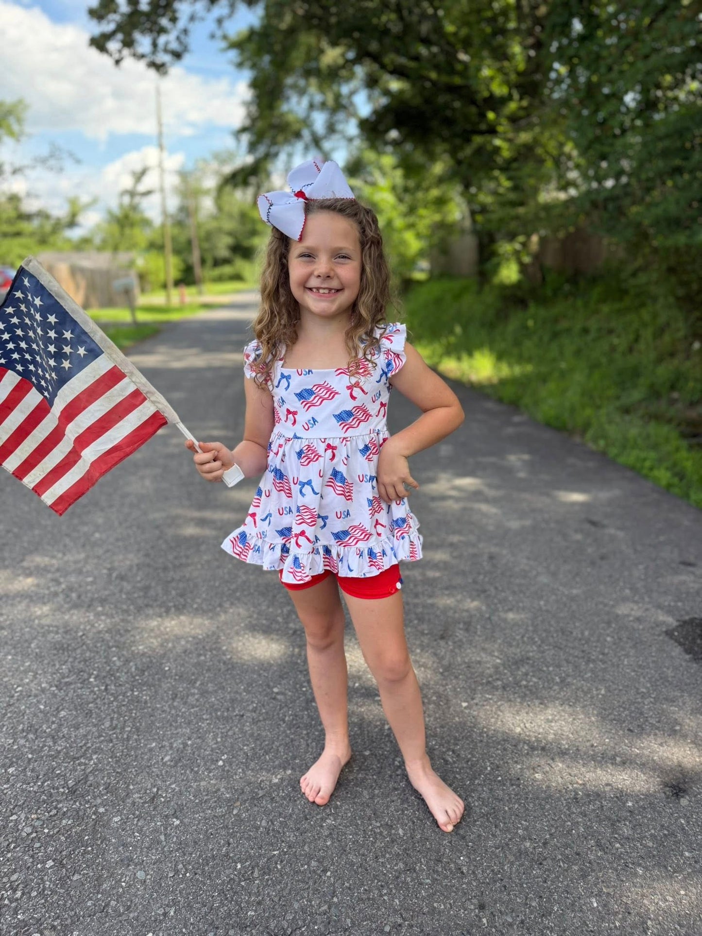 red button shorts with red, white and blue buttons