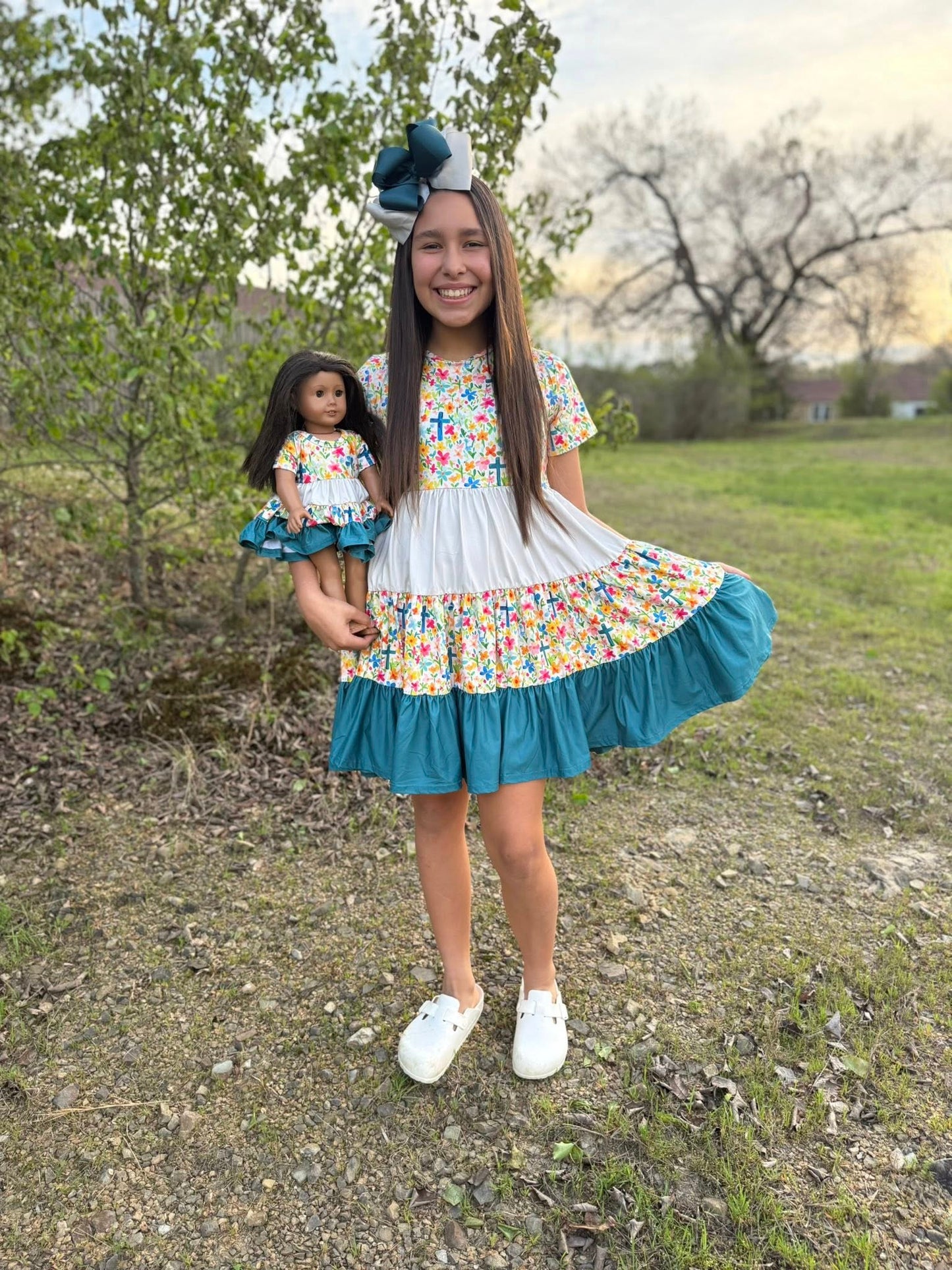 DOLL cream/teal/floral cross Bella twirl dress and floral cross button shorts set