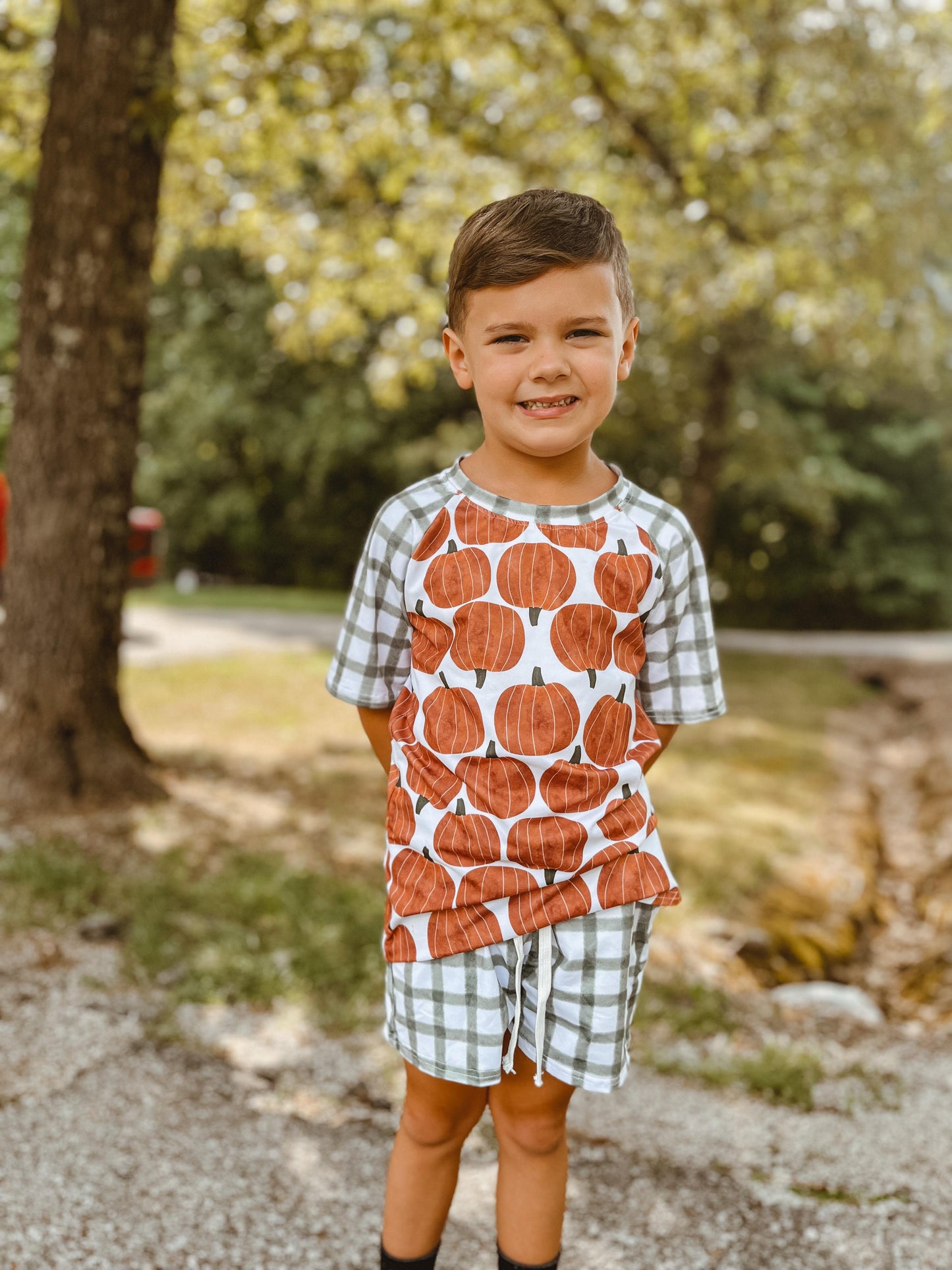 Short sleeve raglan pumpkin and moss green gingham tee