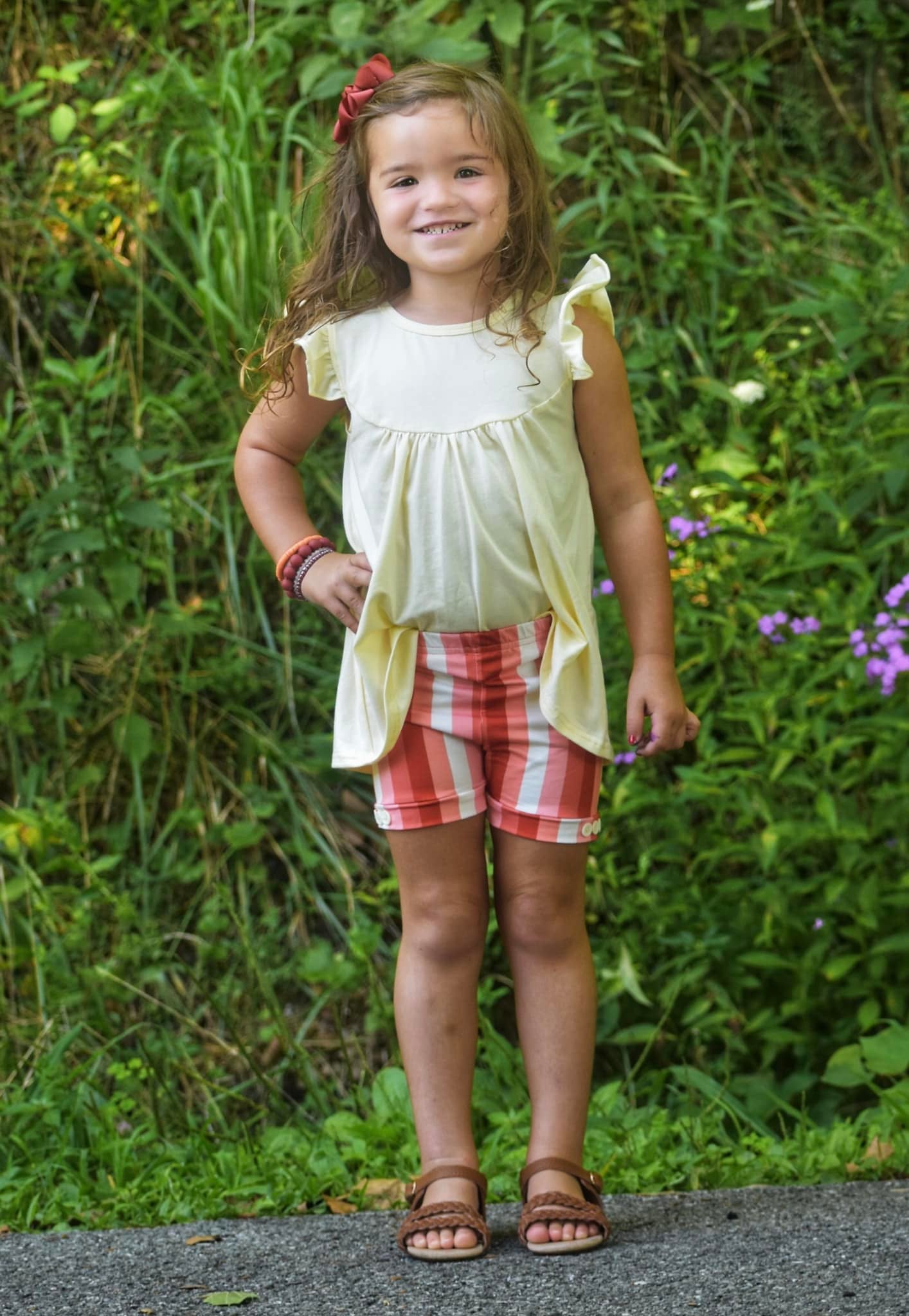 Retro pink vertical stripe button shorts