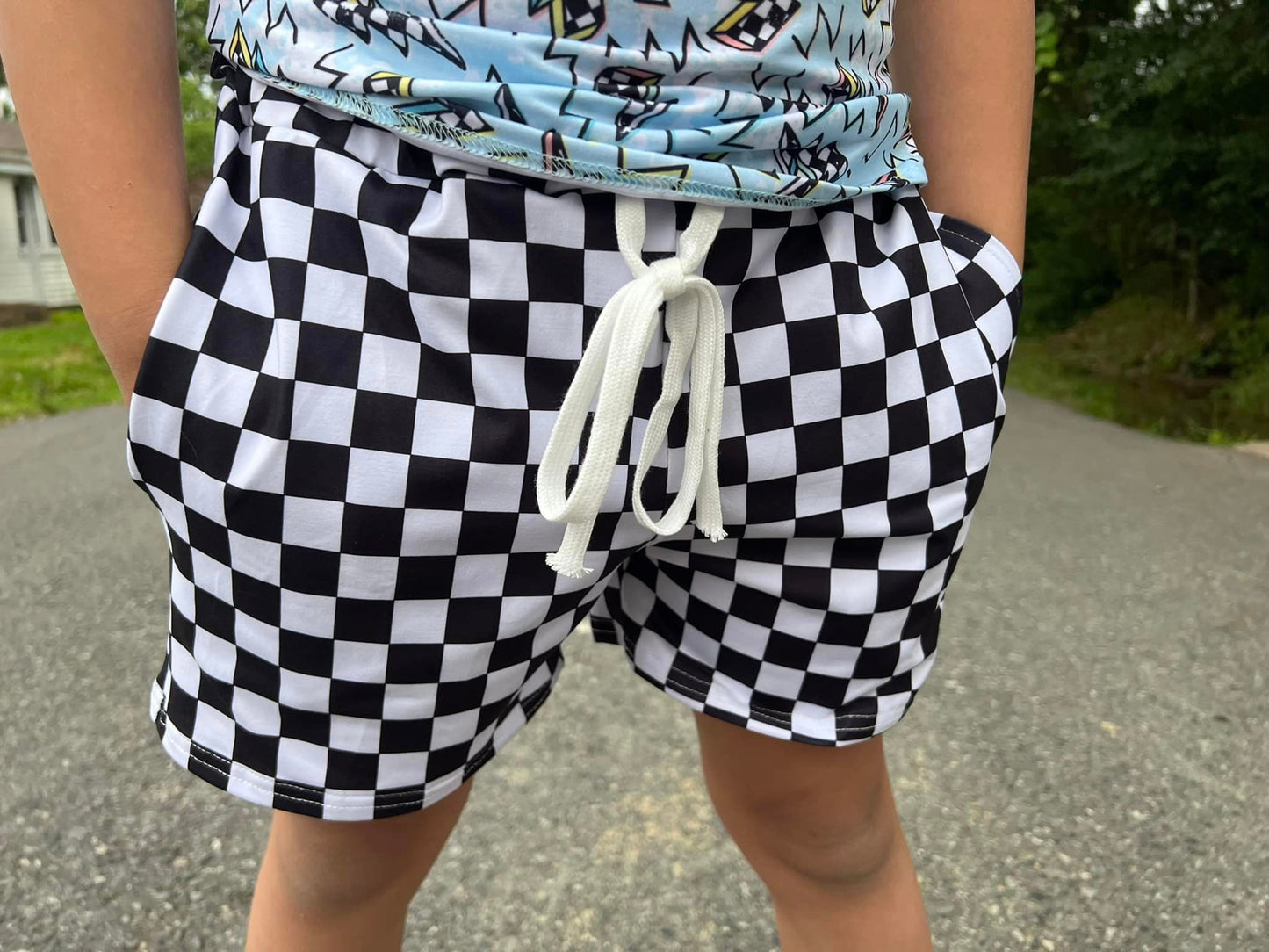 black and white checkered steele swim trunks