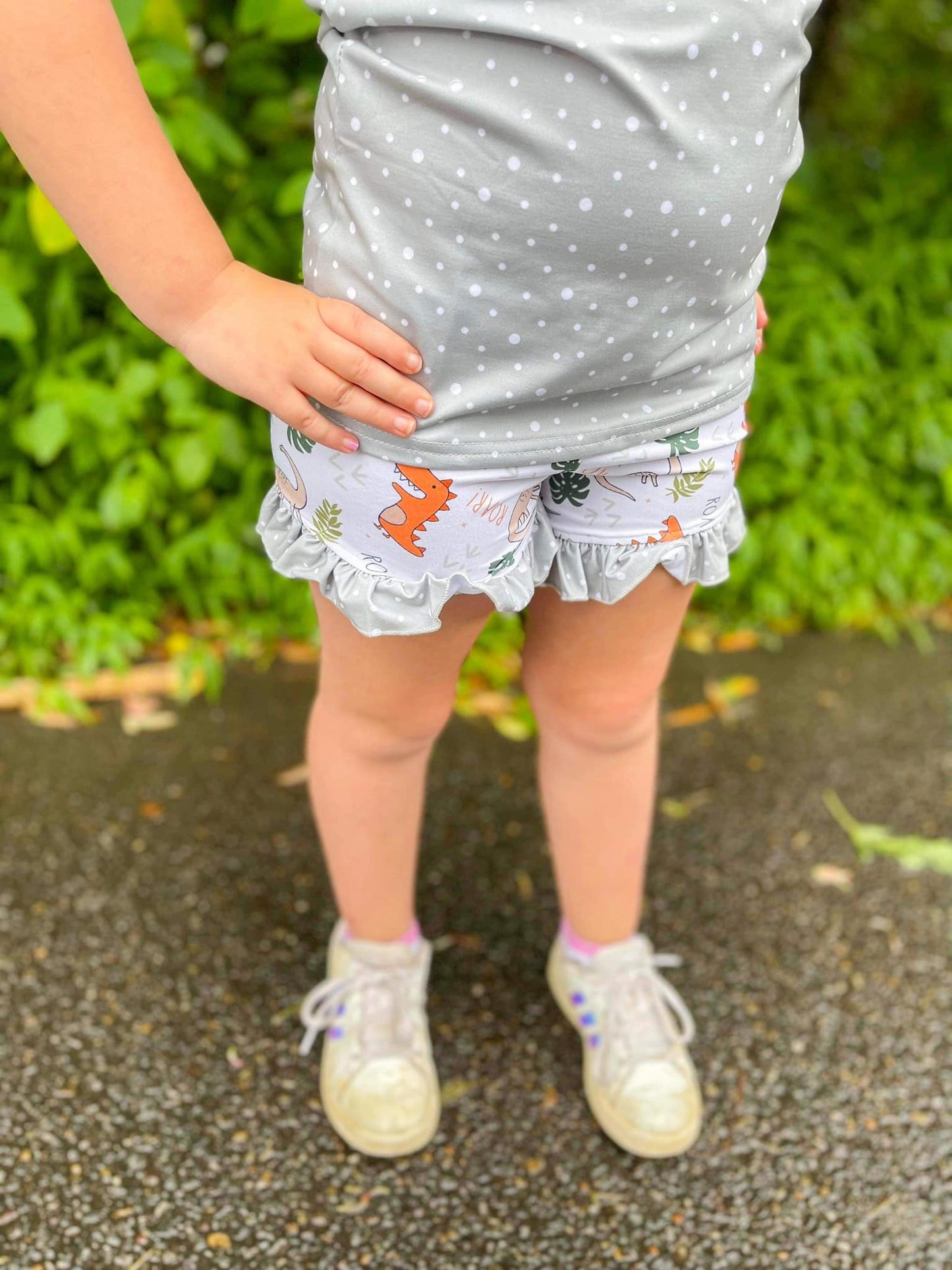 dino roar with grey polka dot ruffle shorties