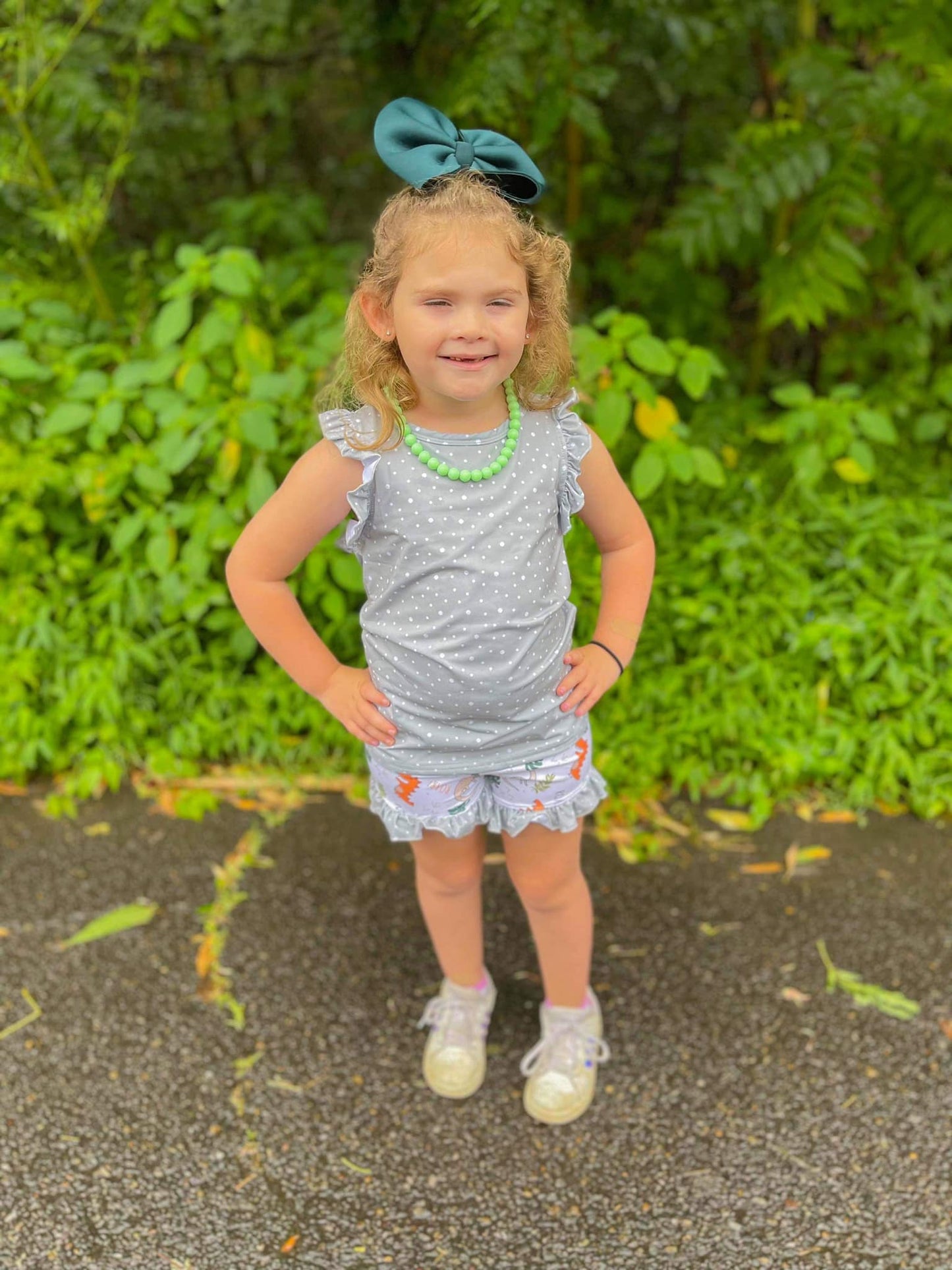 dino roar with grey polka dot ruffle shorties