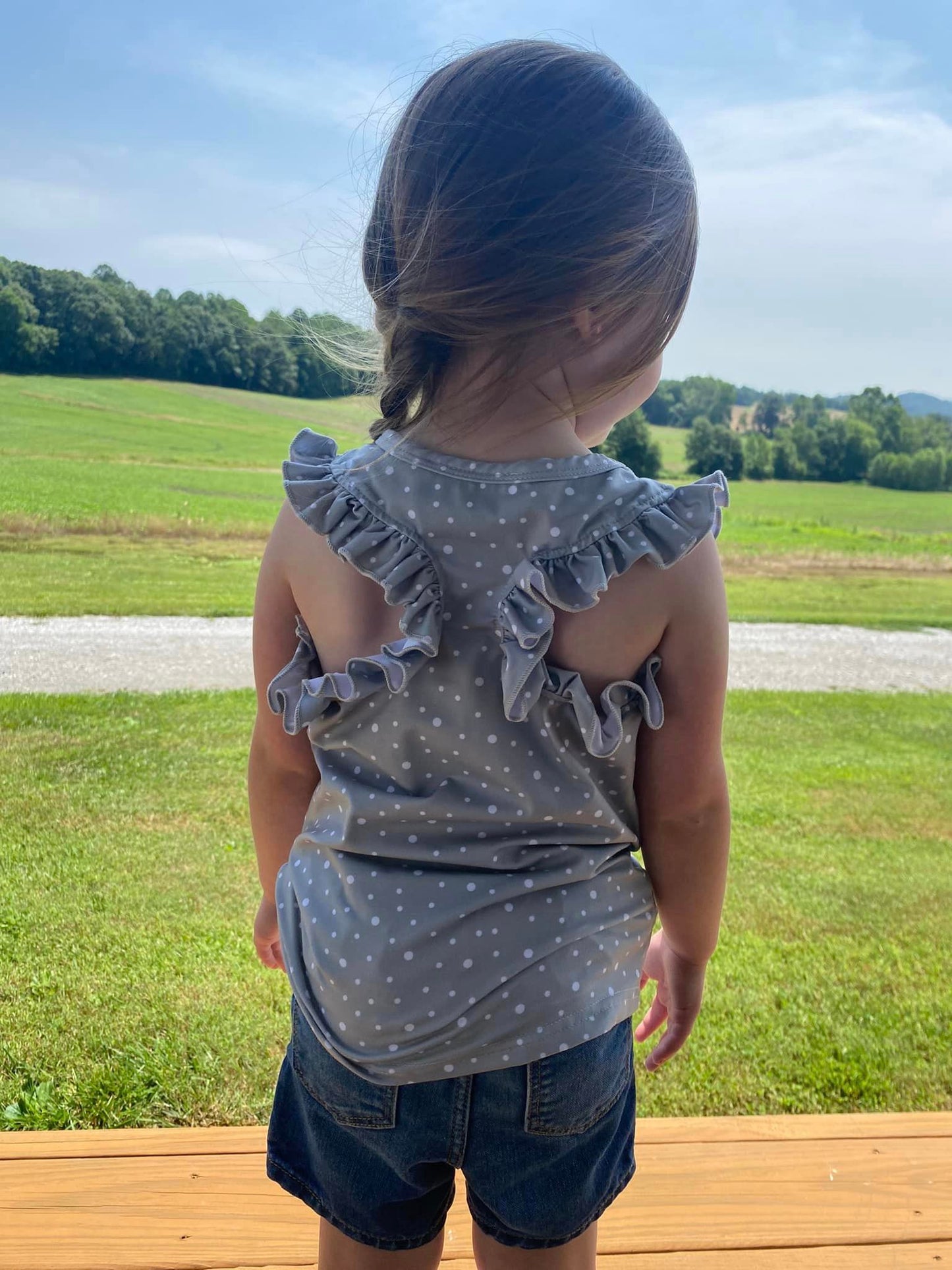 grey polka dot ruffle racerback tank