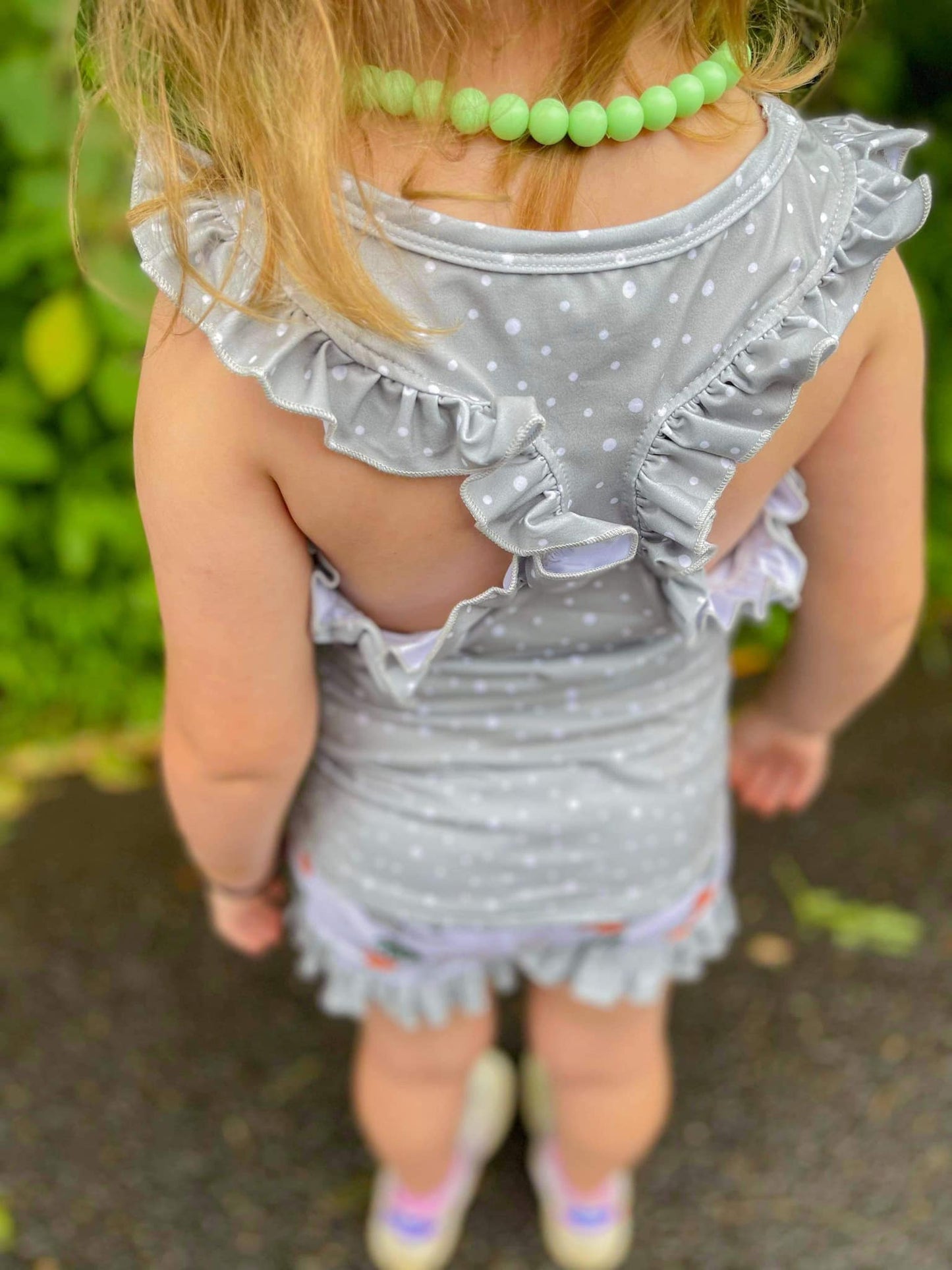 grey polka dot ruffle racerback tank