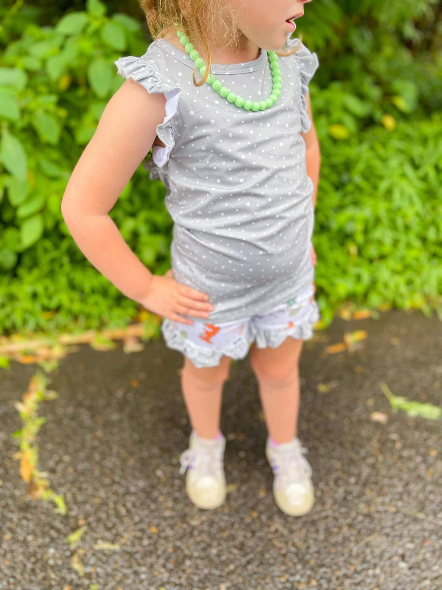 grey polka dot ruffle racerback tank