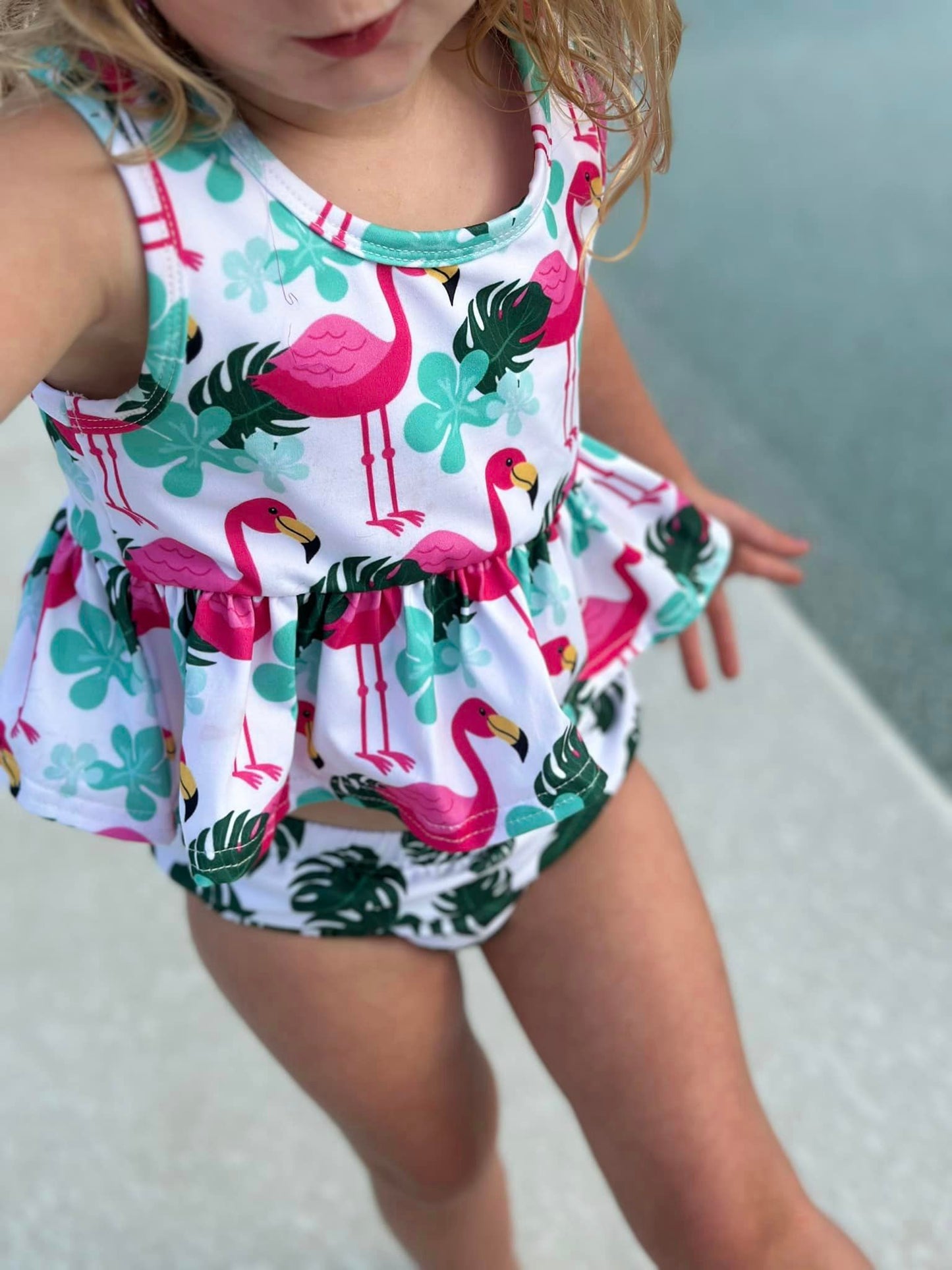 flamingo and palm leaves racerback swim