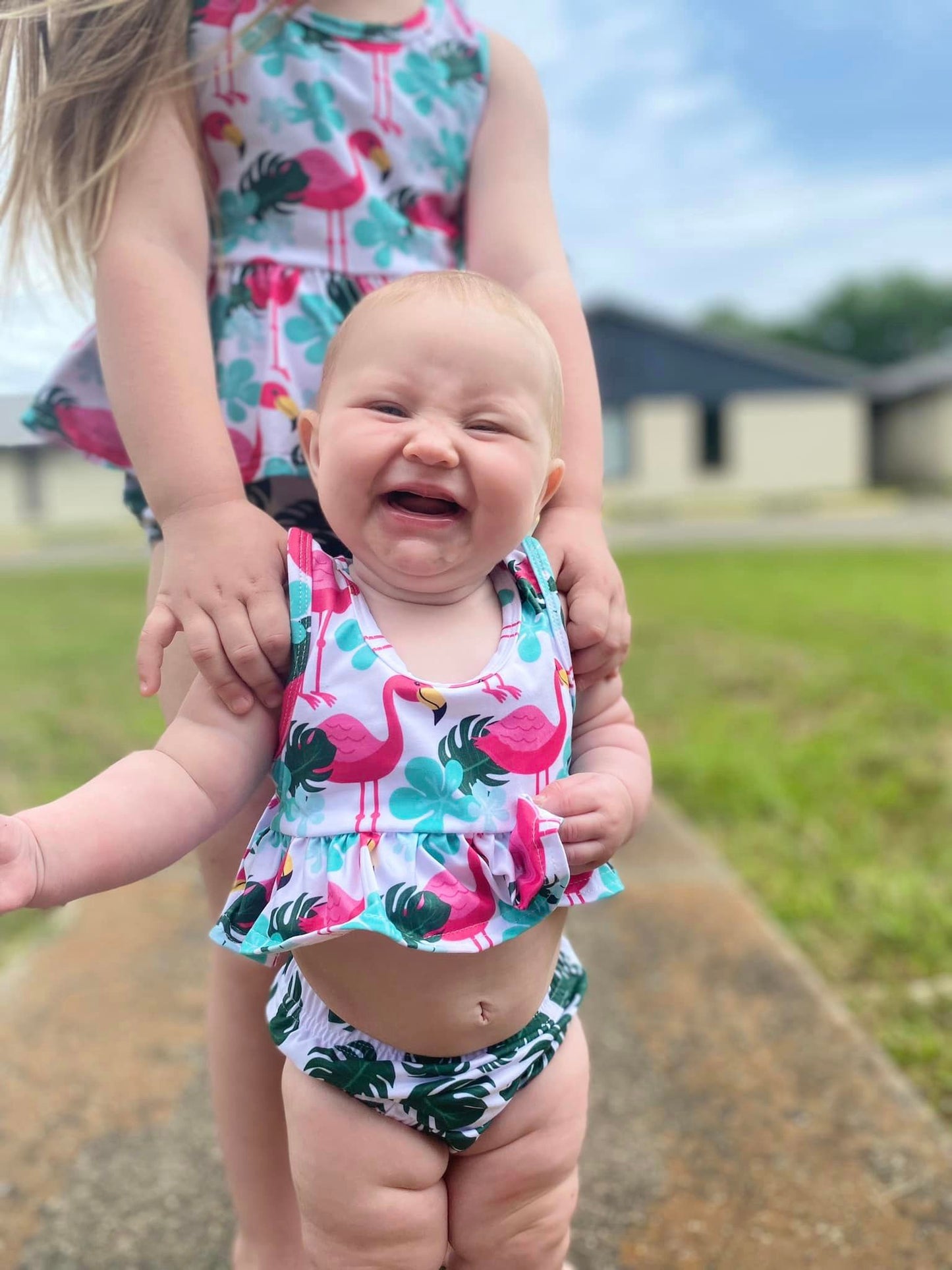 flamingo and palm leaves racerback swim