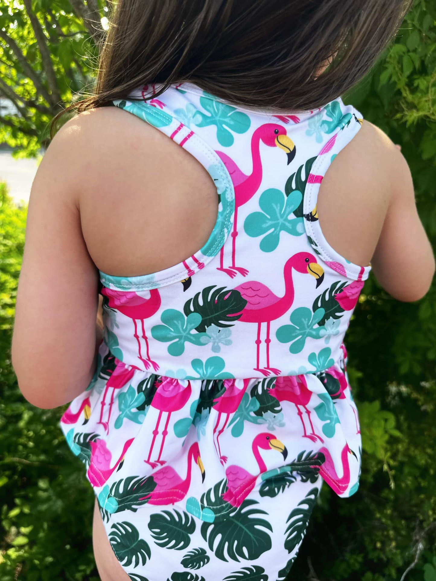 flamingo and palm leaves racerback swim