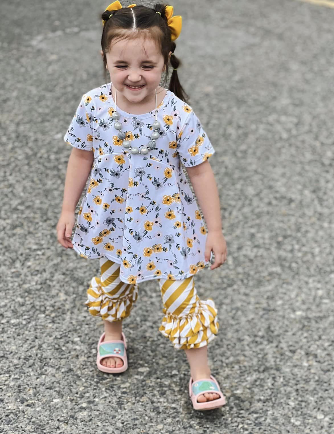 diagonal mustard and white stripe triple bell capris