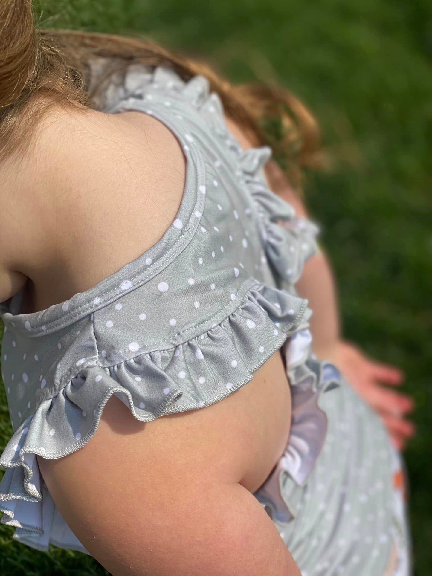 grey polka dot ruffle racerback tank