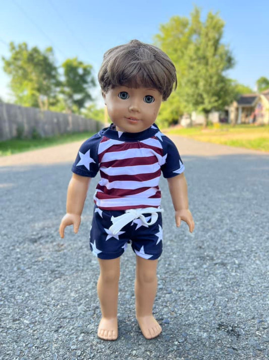 DOLL short sleeve vintage red and white stripe raglan with star sleeves and star steele shorts set