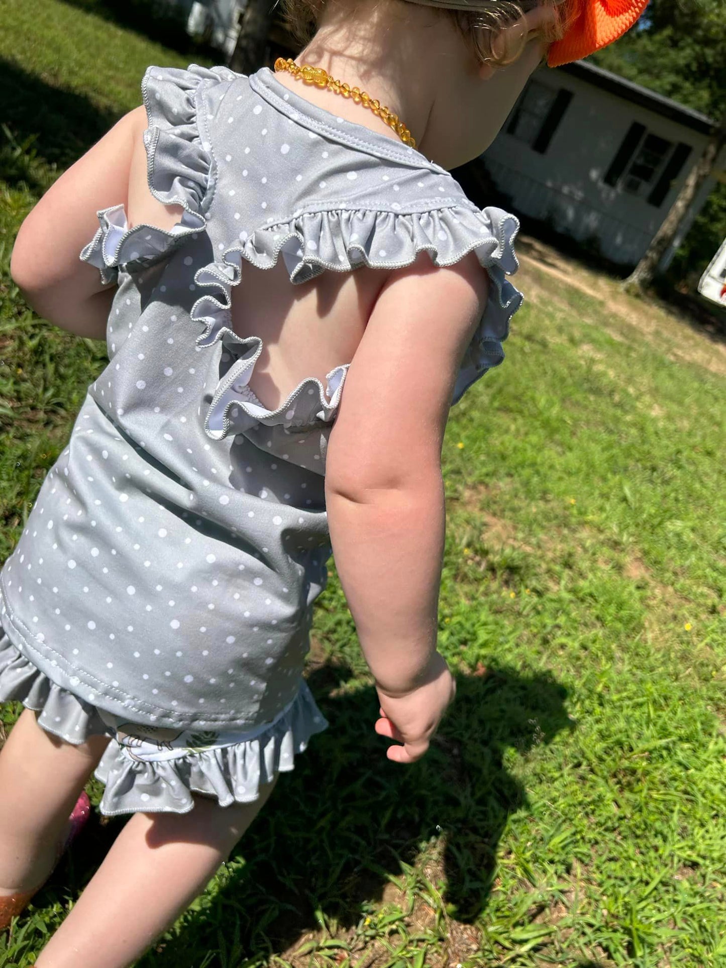 grey polka dot ruffle racerback tank