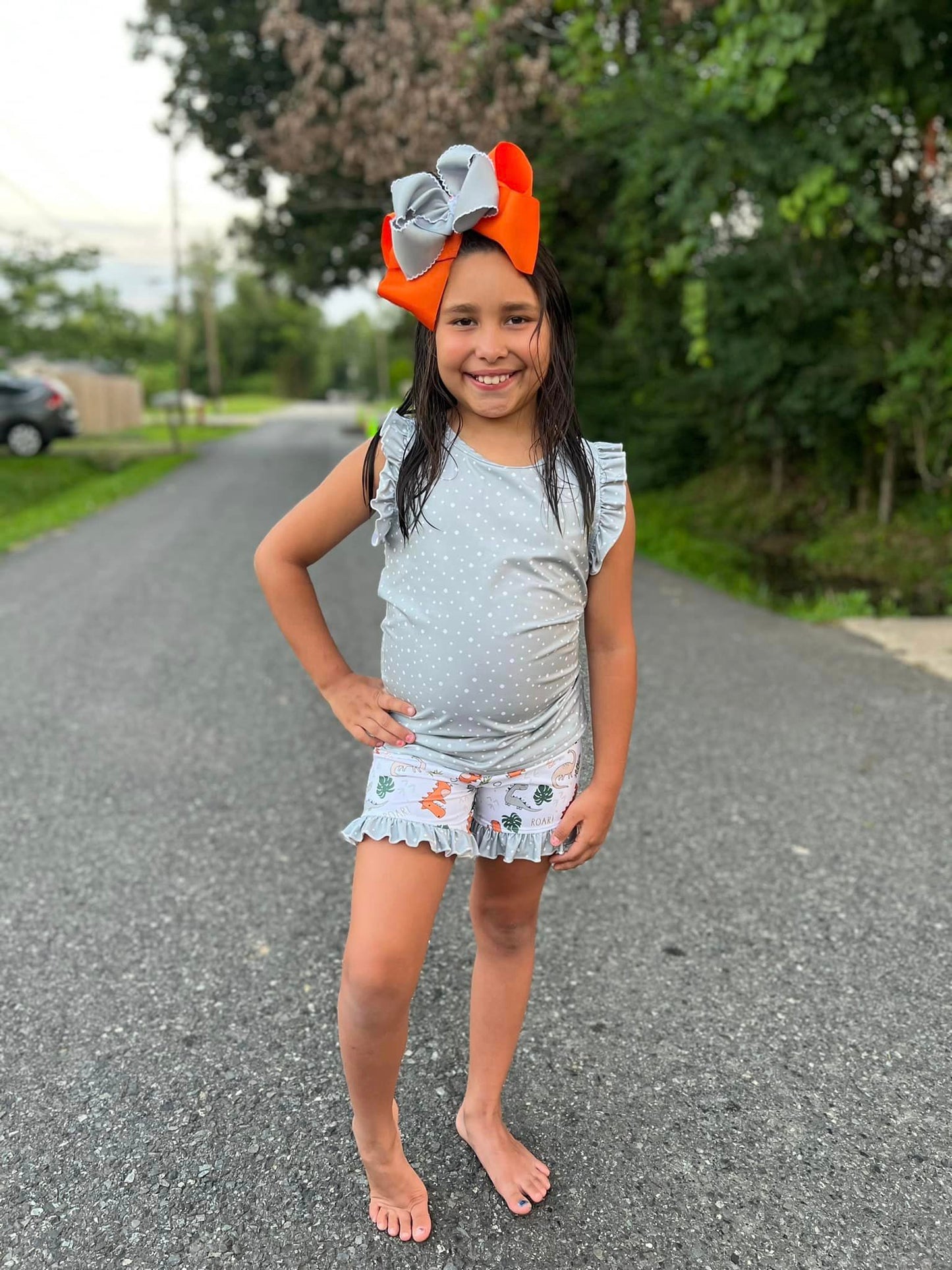 grey polka dot ruffle racerback tank