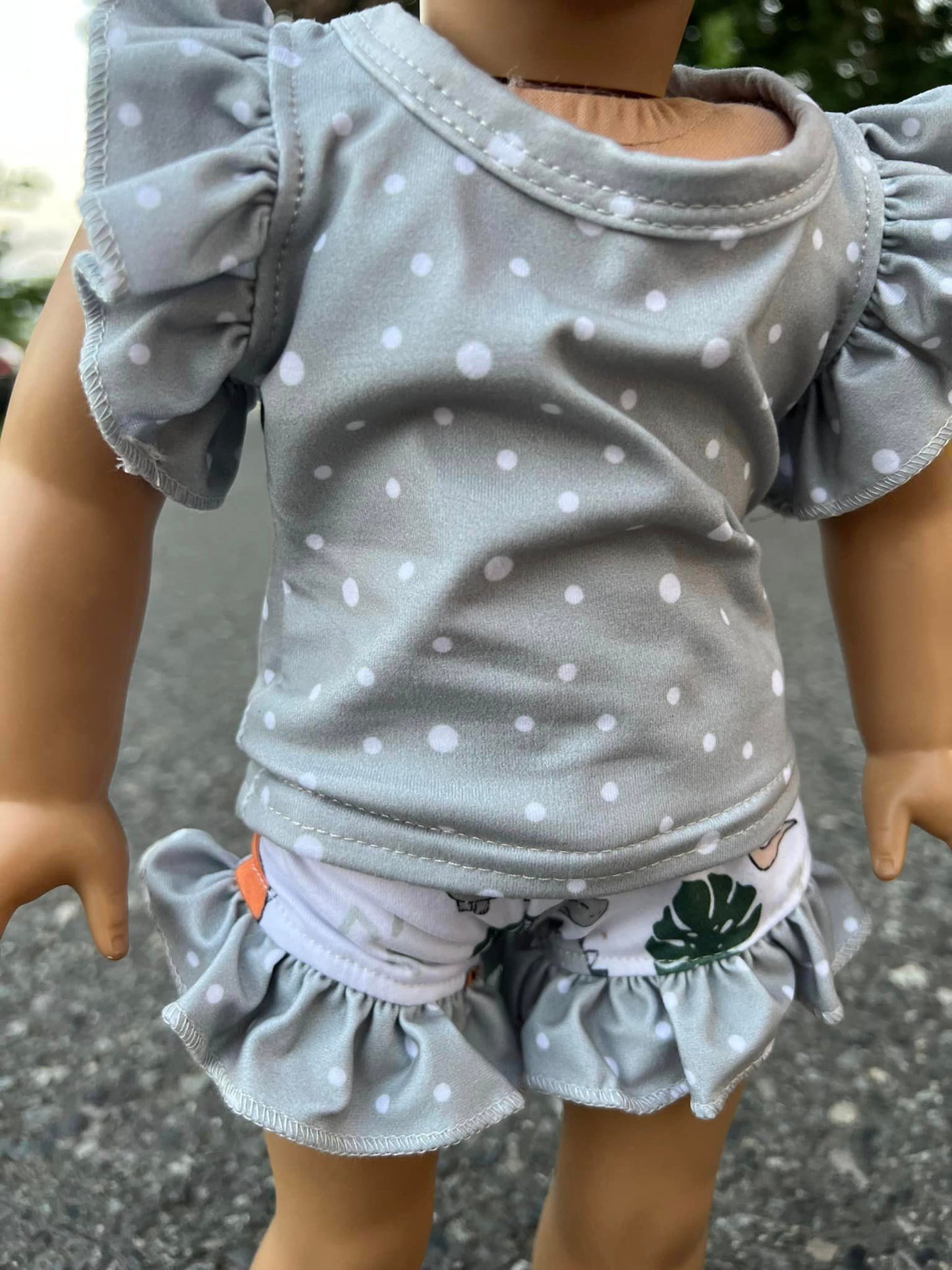 DOLL grey polka dot tank and dino roar polka dot ruffle shorties set