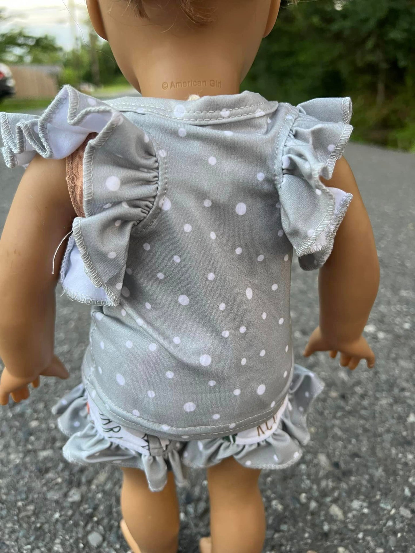 DOLL grey polka dot tank and dino roar polka dot ruffle shorties set