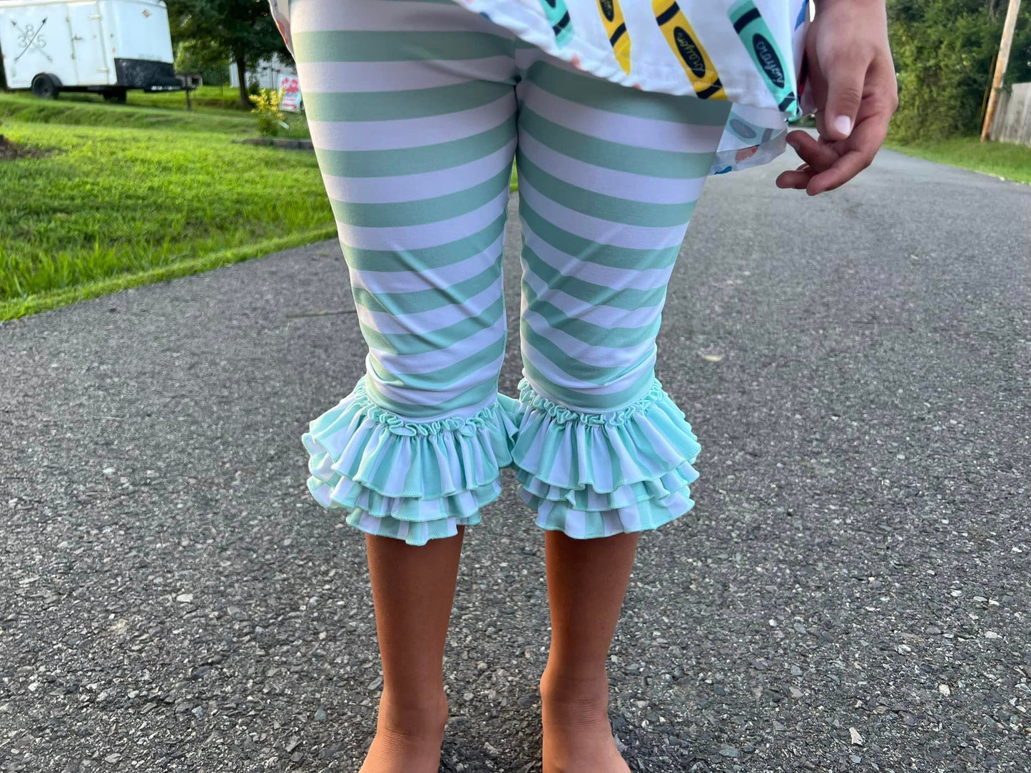 mint and white stripe triple bell capris