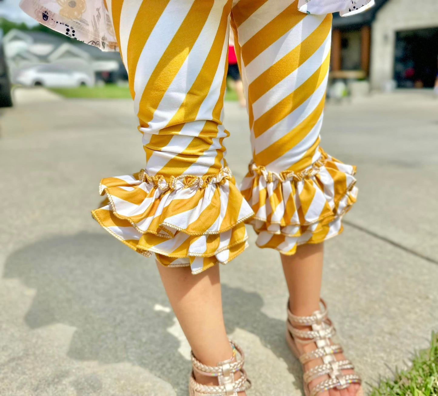 diagonal mustard and white stripe triple bell capris