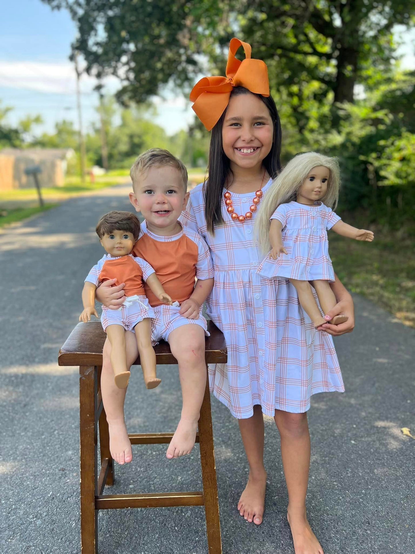 DOLL burnt orange raglan with plaid stripe sleeves and plaid stripe steele shorts set