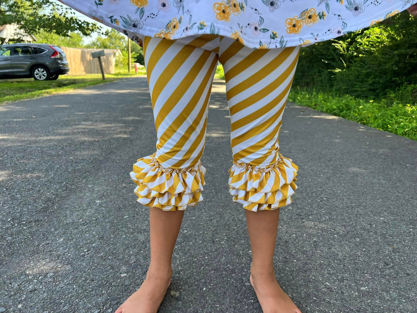 diagonal mustard and white stripe triple bell capris