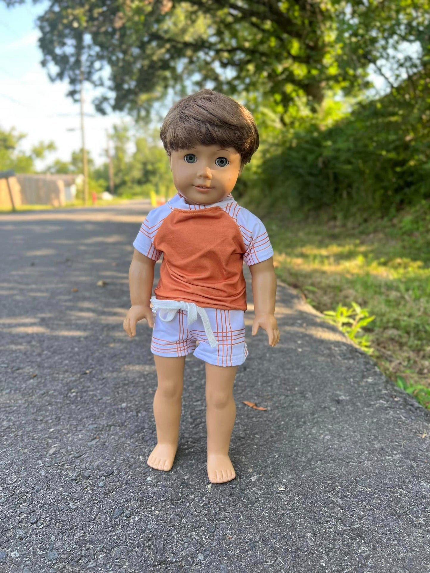 DOLL burnt orange raglan with plaid stripe sleeves and plaid stripe steele shorts set