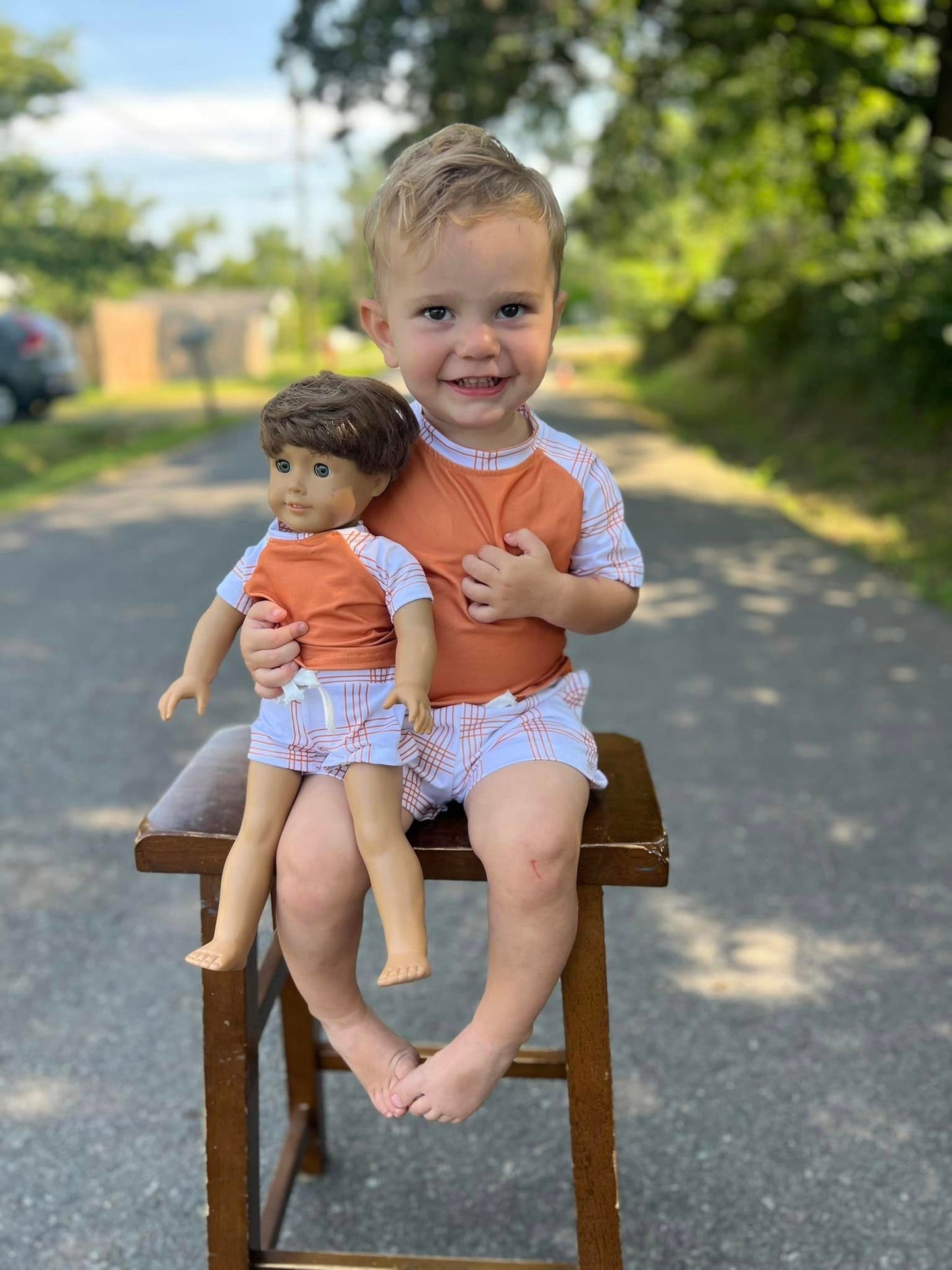 DOLL burnt orange raglan with plaid stripe sleeves and plaid stripe steele shorts set