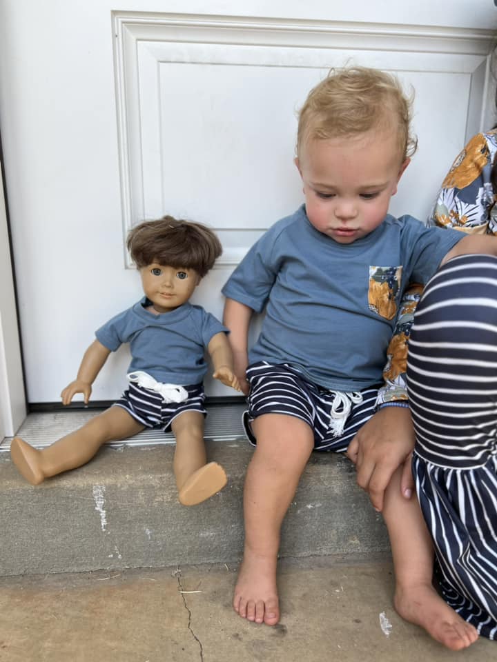 DOLL steele blue mustard floral pocket tee and stripe steele shorts