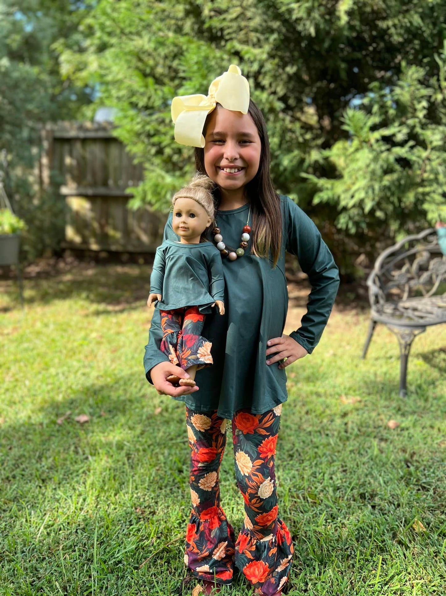 DOLL printed hunter green allie too and bright autumn flower bells set