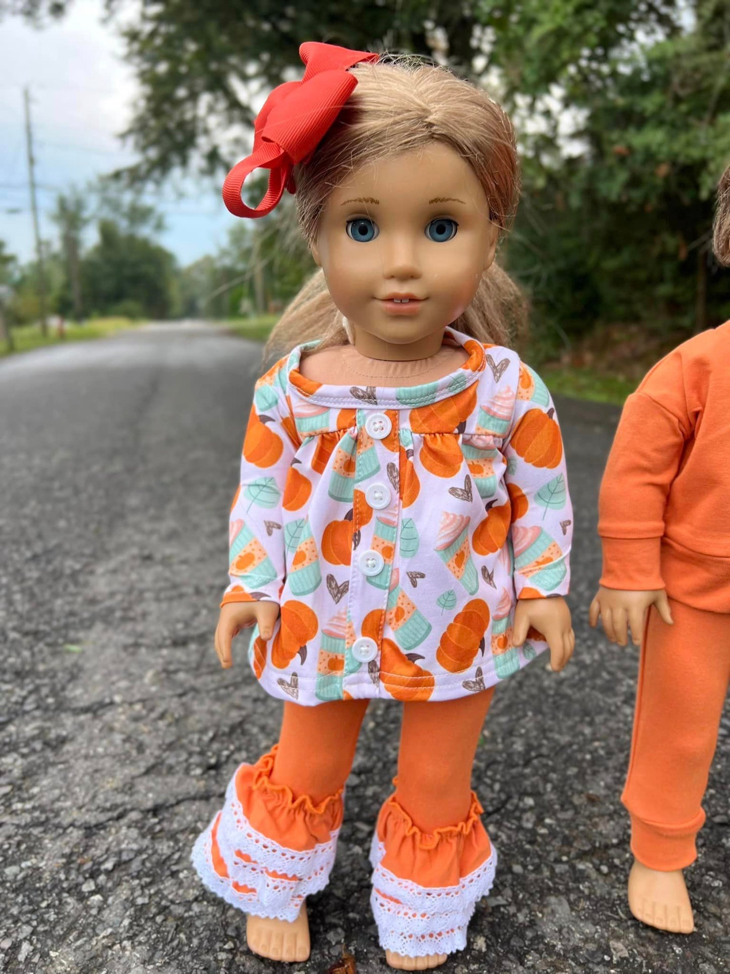 DOLL pumpkin spice tinsley top and pumpkin orange triple bells with lace set