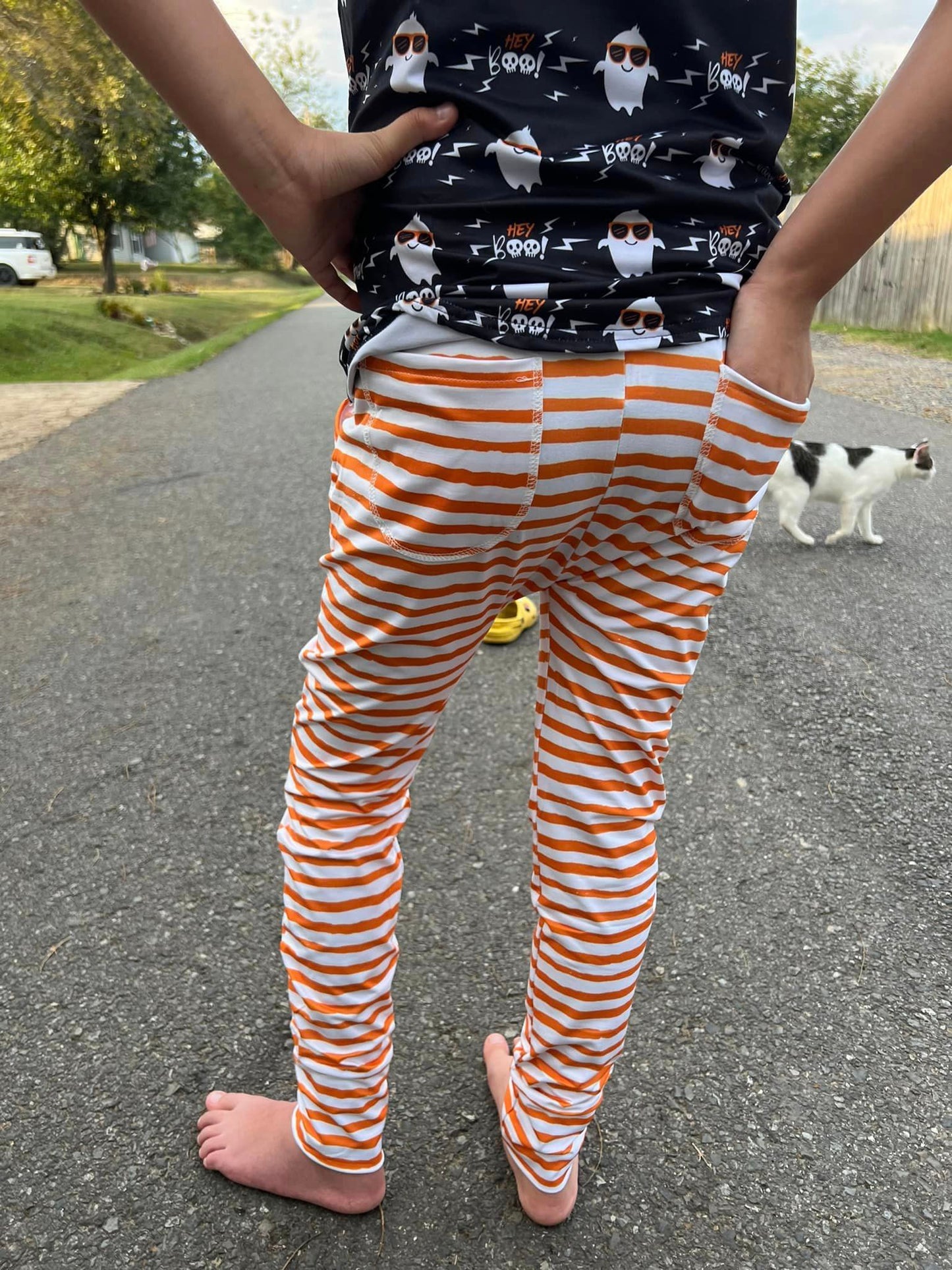 orange and white stripe pocket harem pants