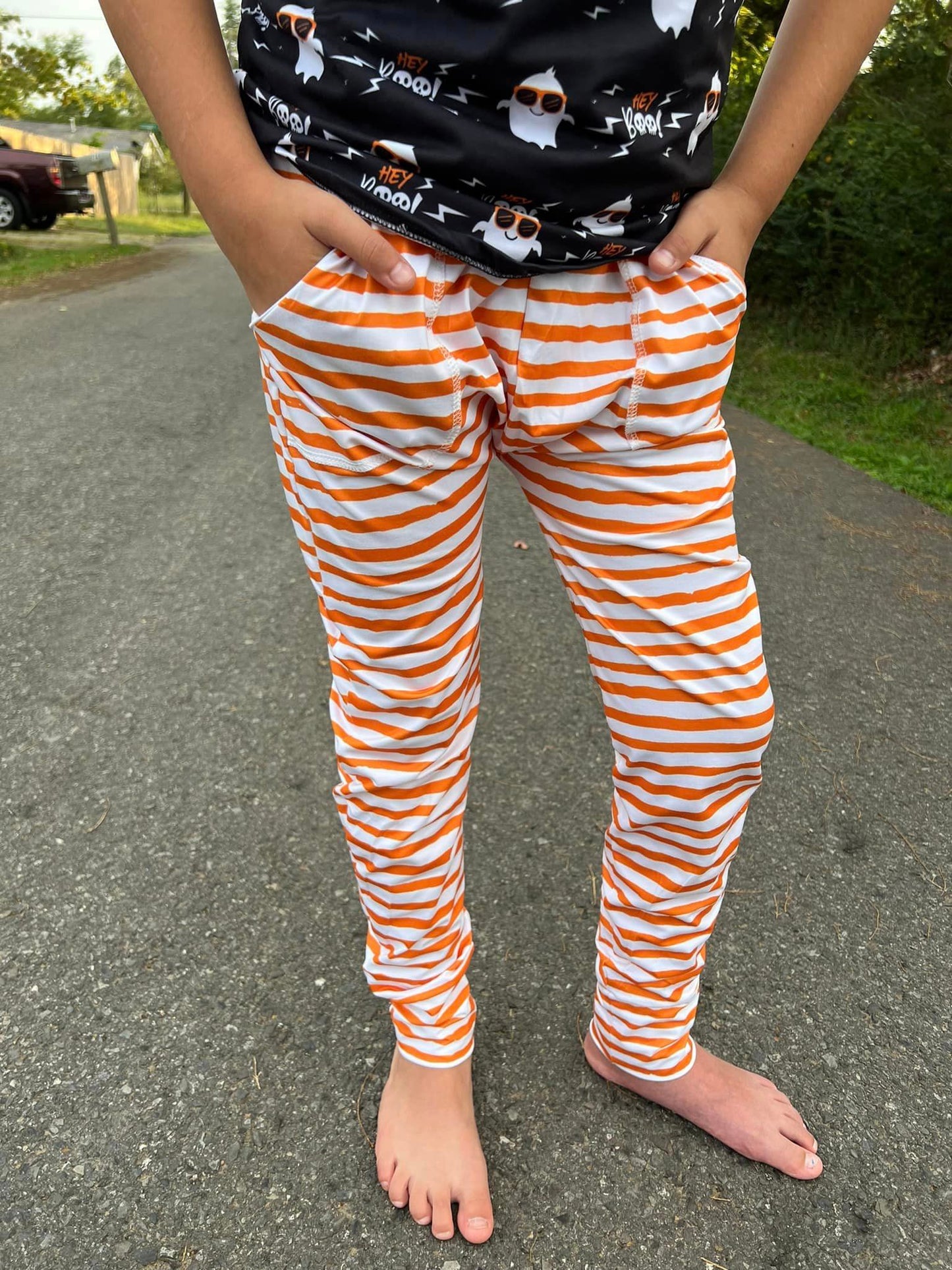 orange and white stripe pocket harem pants