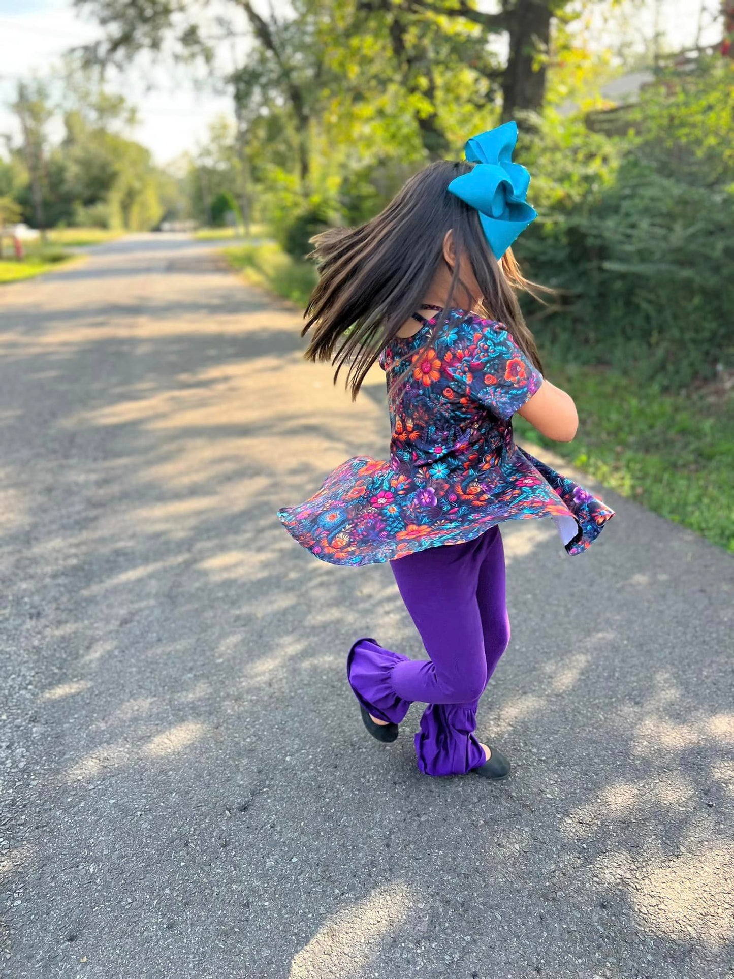 neon floral stitch twirl top