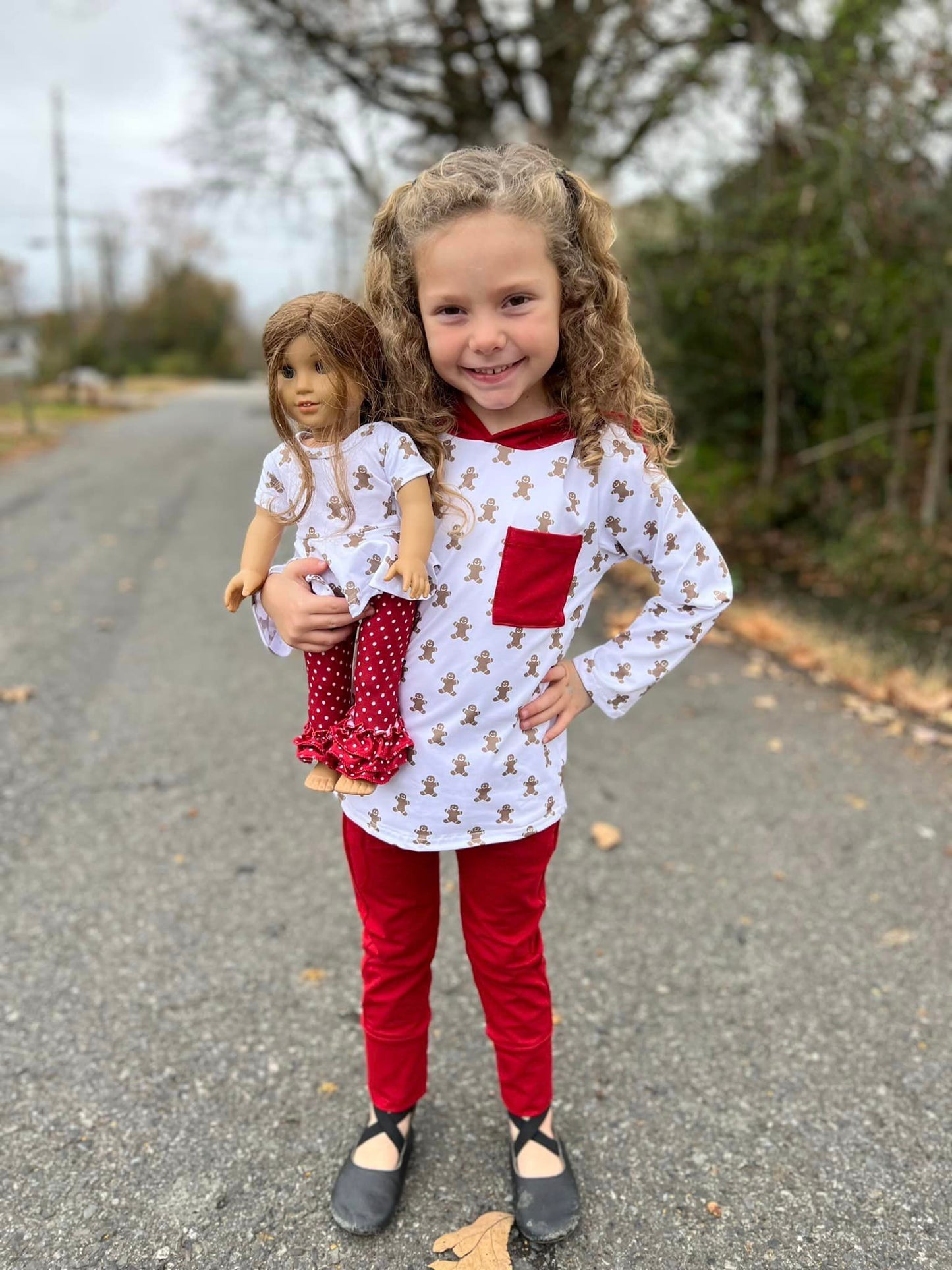 DOLL gingerbread men twirl top and maroon polka dot triple bells set